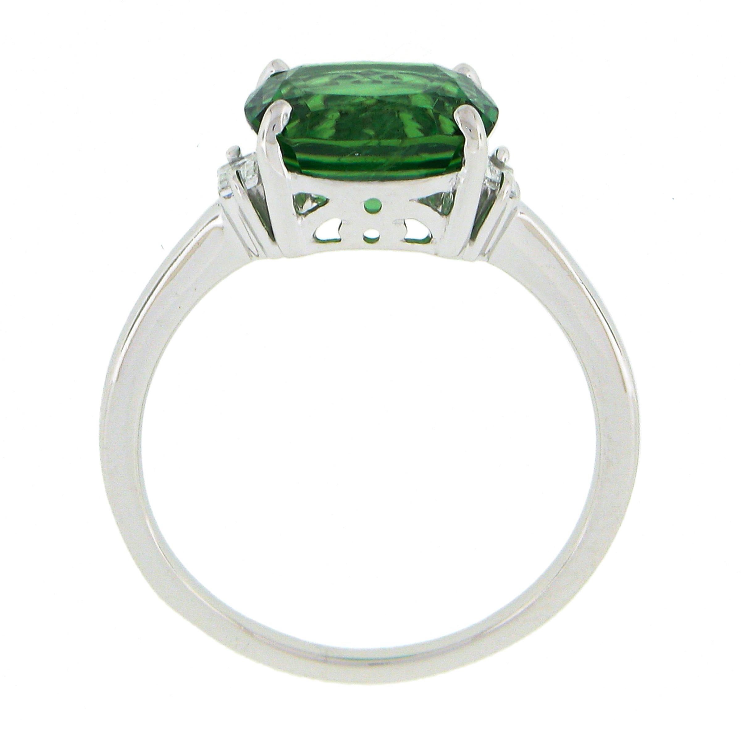14K White Gold 3.04ctw Cushion Green Chrome Tourmaline w/ Diamond Accent Ring For Sale 2