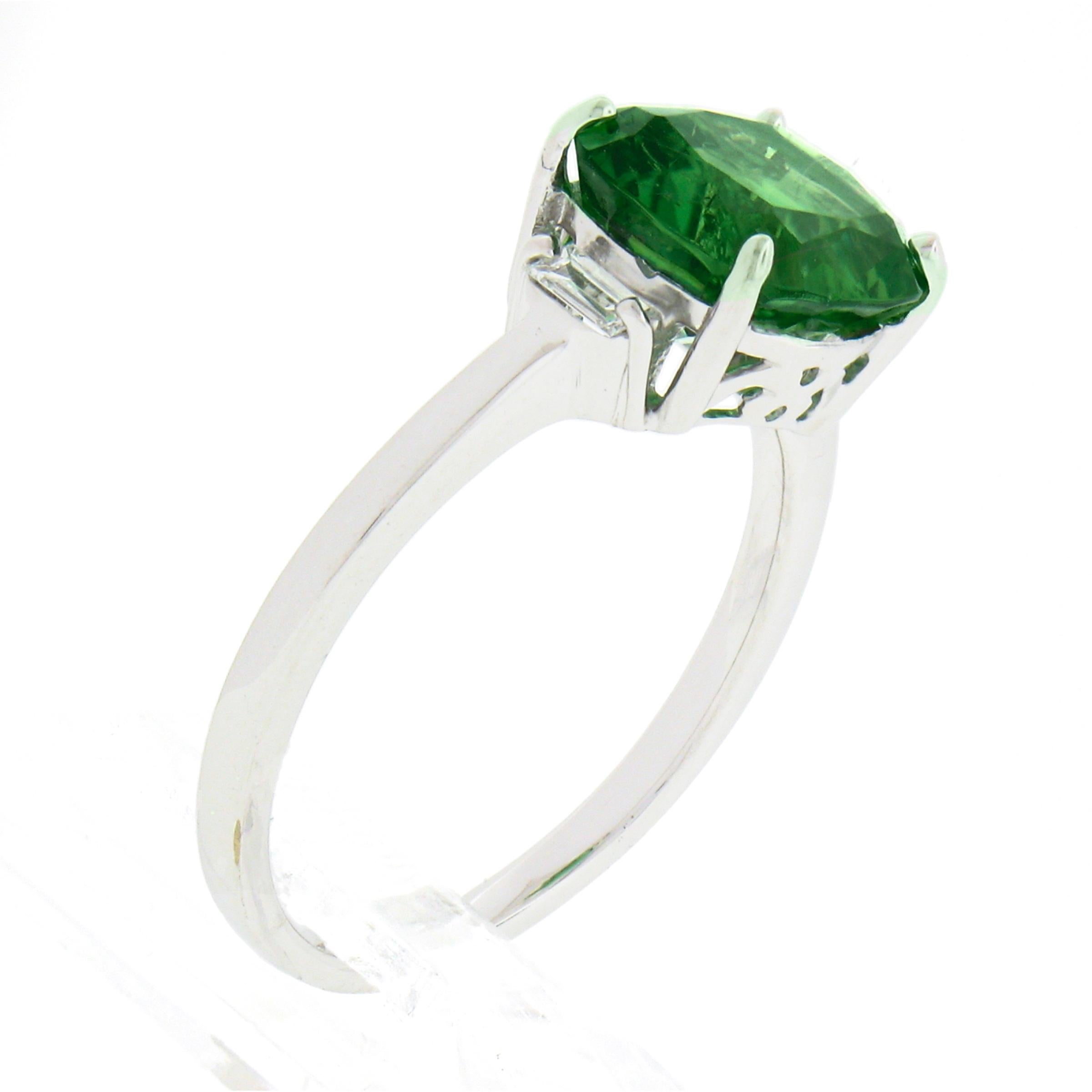 14K White Gold 3.04ctw Cushion Green Chrome Tourmaline w/ Diamond Accent Ring For Sale 3