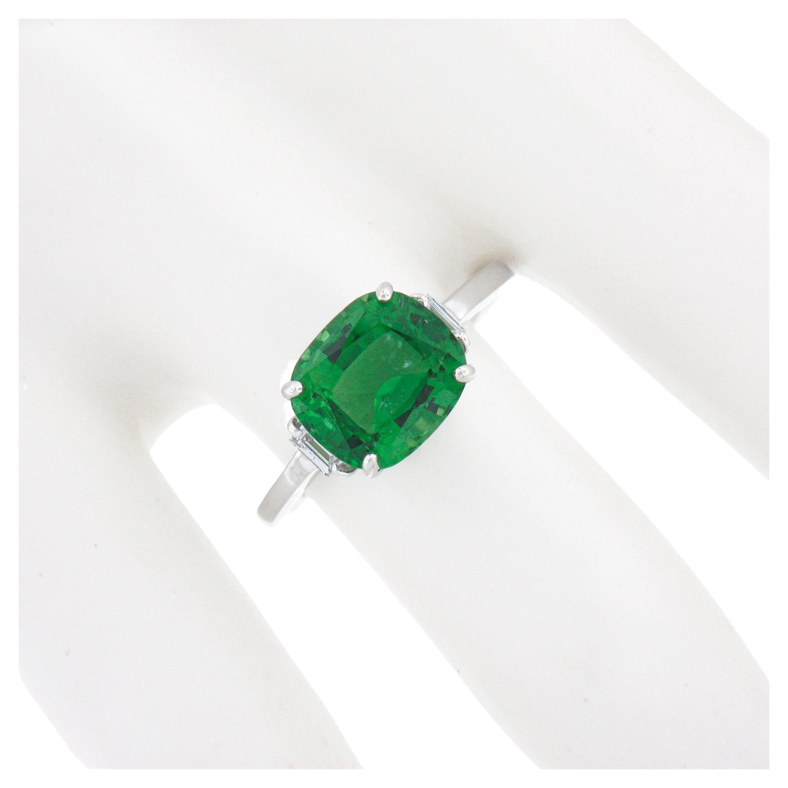 14K White Gold 3.04ctw Cushion Green Chrome Tourmaline w/ Diamond Accent Ring For Sale