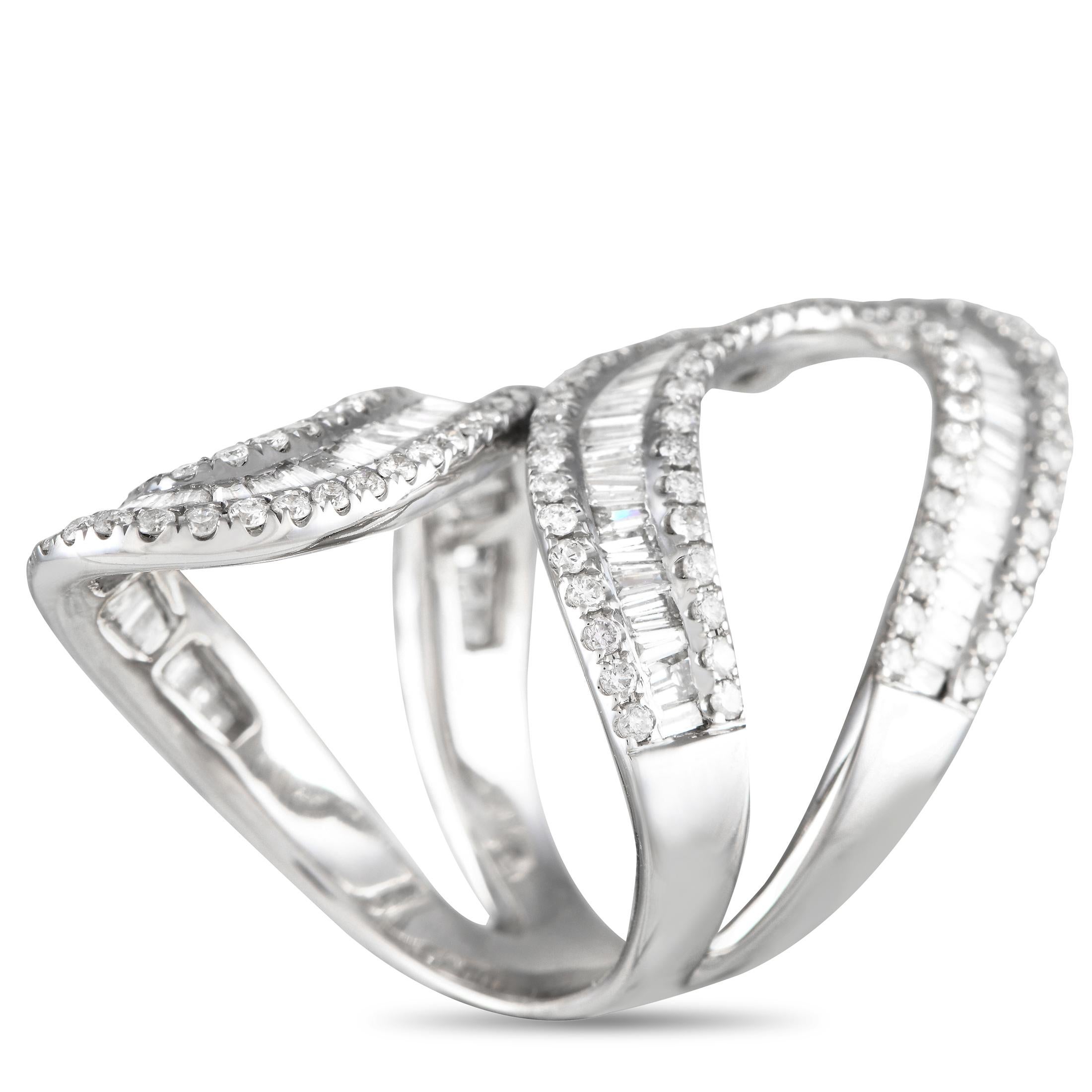 A delightful bauble to help you elevate your style in an instant. This shapely ring in 14K white gold features a swirling split band design to wrap the finger in elegance. The ribbon-like silhouette of the band showcases three rows of diamonds, with