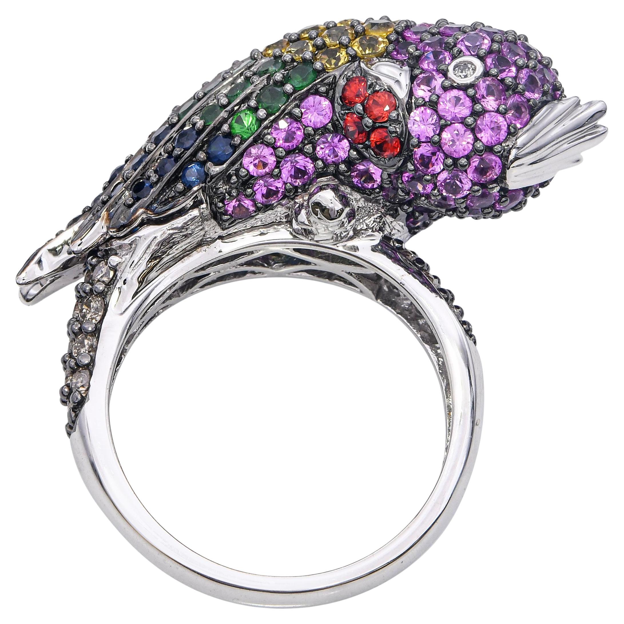 Bague en or blanc 14k 3.10tcw Multi-Gemstone Parrot Pave en vente