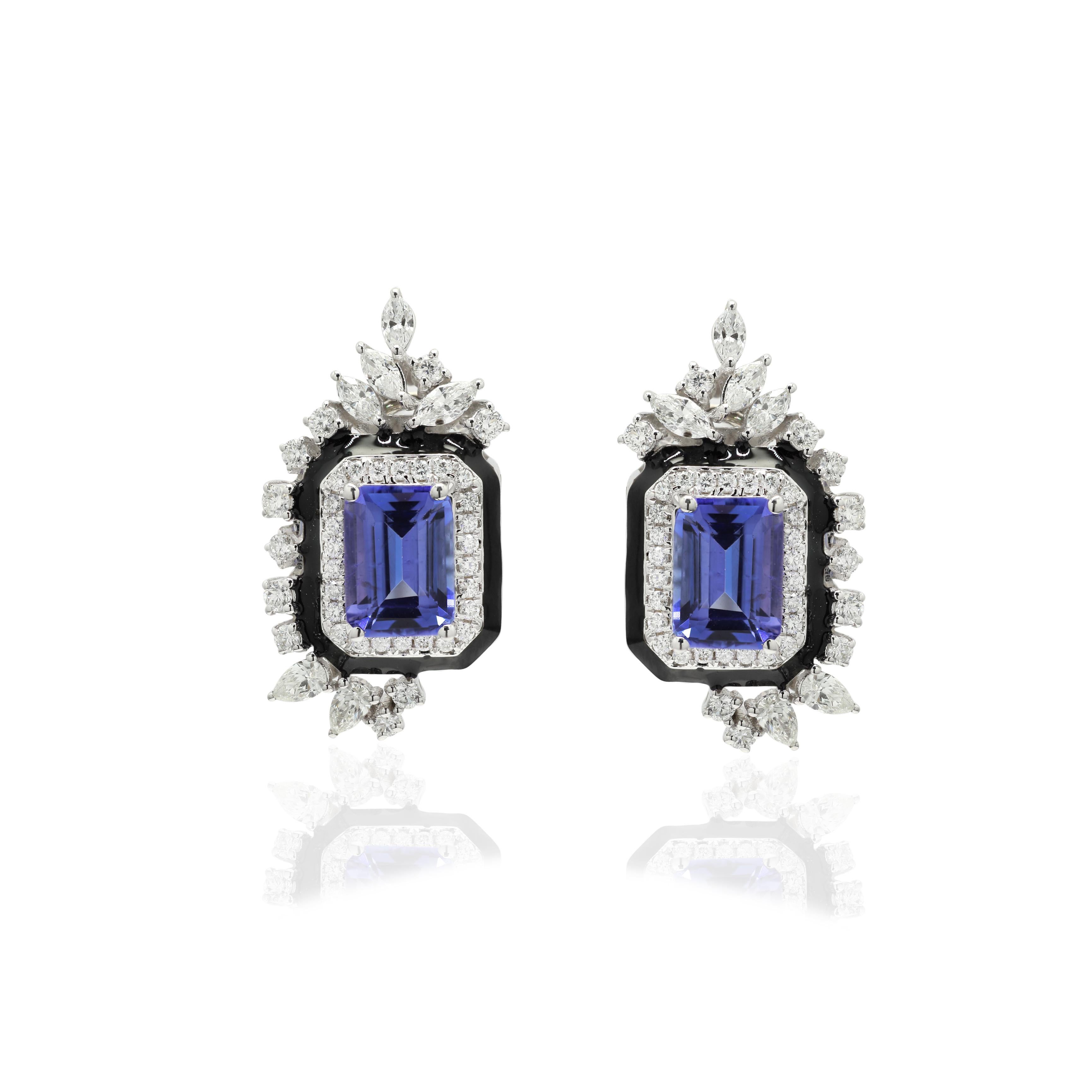 Art Deco 14K White Gold 3.12 ct Tanzanite Statement Stud Earrings Studded with Diamonds For Sale