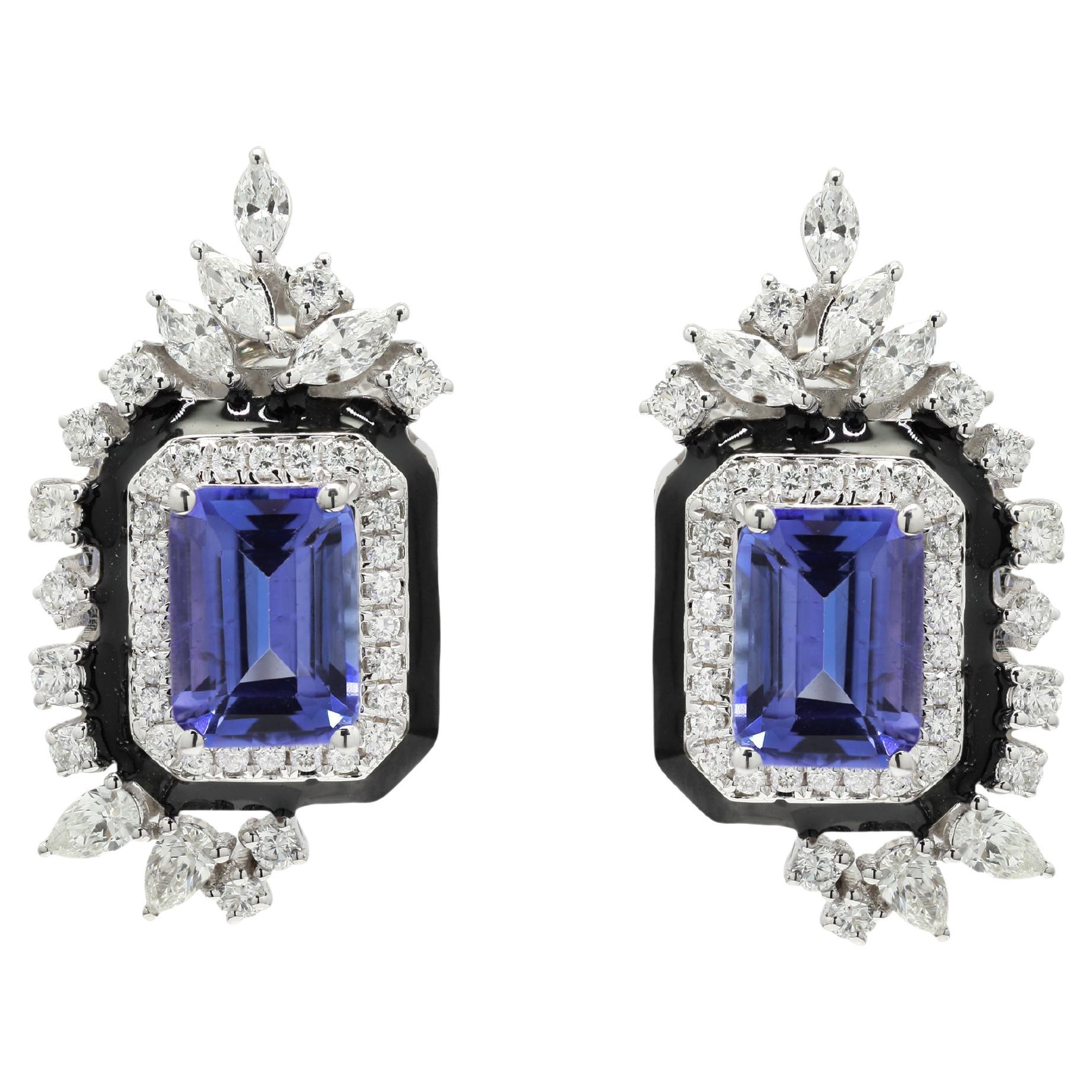 14K White Gold 3.12 ct Tanzanite Statement Stud Earrings Studded with Diamonds For Sale