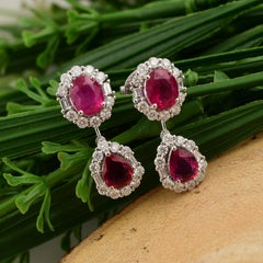 14k White Gold 3.16cts Ruby 1cts Halo Diamond Dangle Earrings