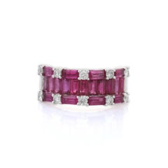 14K White Gold 3.19 Ct Ruby Baguettes Cluster Wedding Band Ring with Diamond