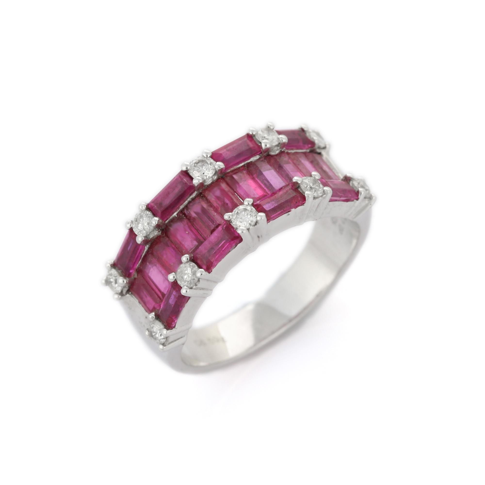 For Sale:  14K White Gold 3.19 Ct Ruby Baguettes Cluster Wedding Band Ring with Diamond 5