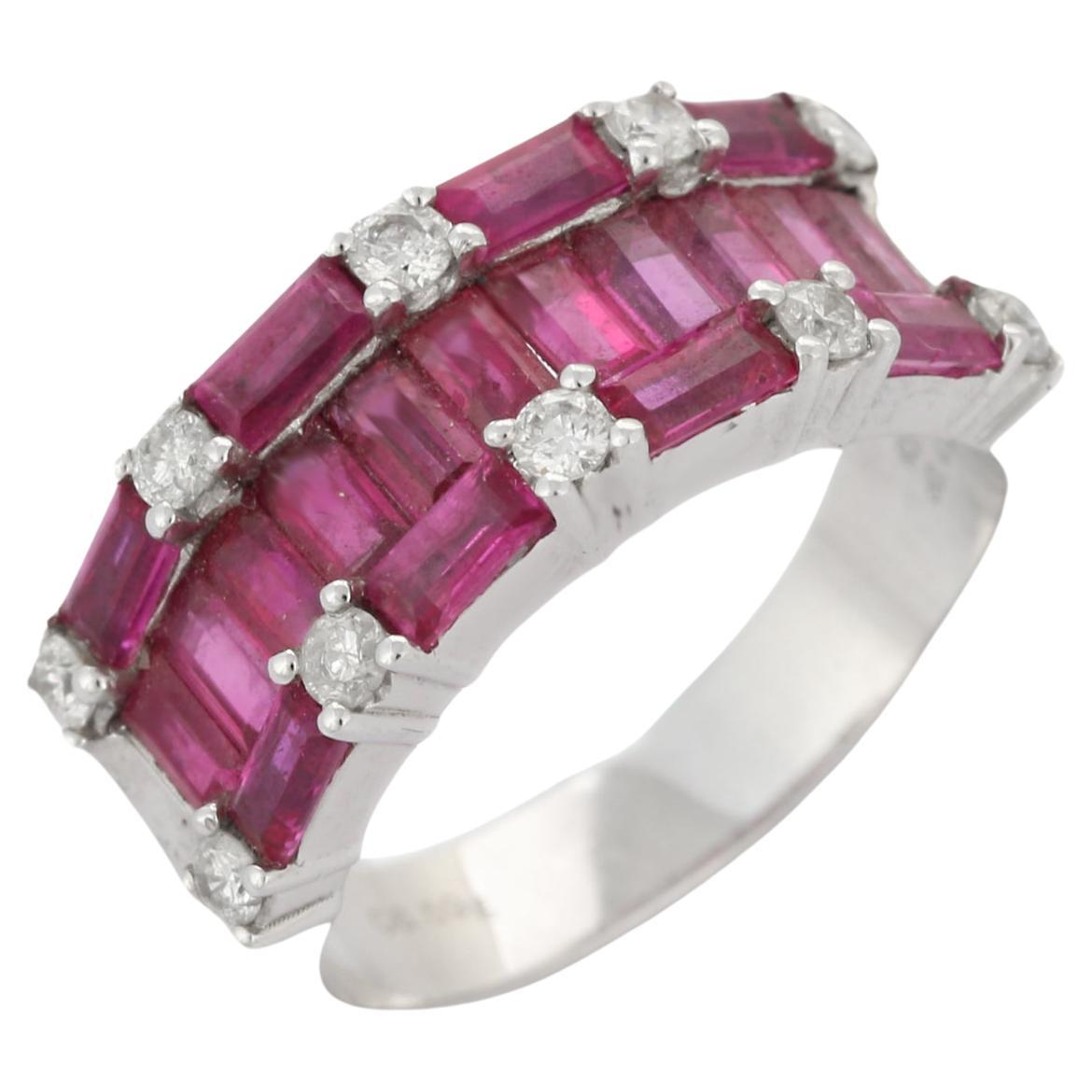 14K White Gold 3.19 Ct Ruby Baguettes Cluster Wedding Band Ring with Diamond
