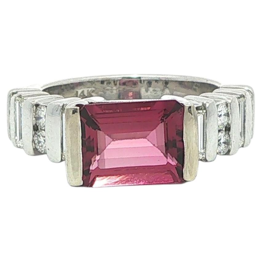 14k White Gold 3.1ctw Bar Channel Set Emerald Cut Pink Tourmaline & Diamond Ring For Sale