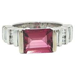 14k White Gold 3.1ctw Bar Channel Set Emerald Cut Pink Tourmaline & Diamond Ring