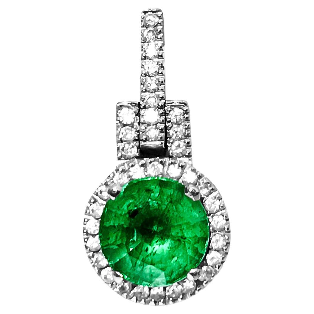 14K White Gold, 3.20 Carat Emerald & Diamond Pendant For Sale