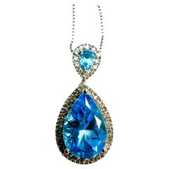 14k White Gold 3.25 Carat Pear Cut Blue Topaz & Diamond Pendant 18"