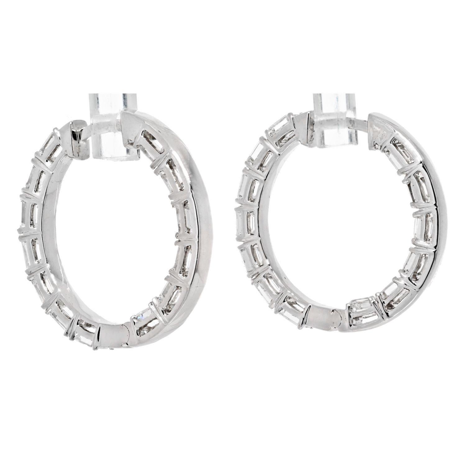 Modern 14k White Gold 3.25 cttw Wide Inside Out Emerald Cut Diamond Hoop Earrings For Sale