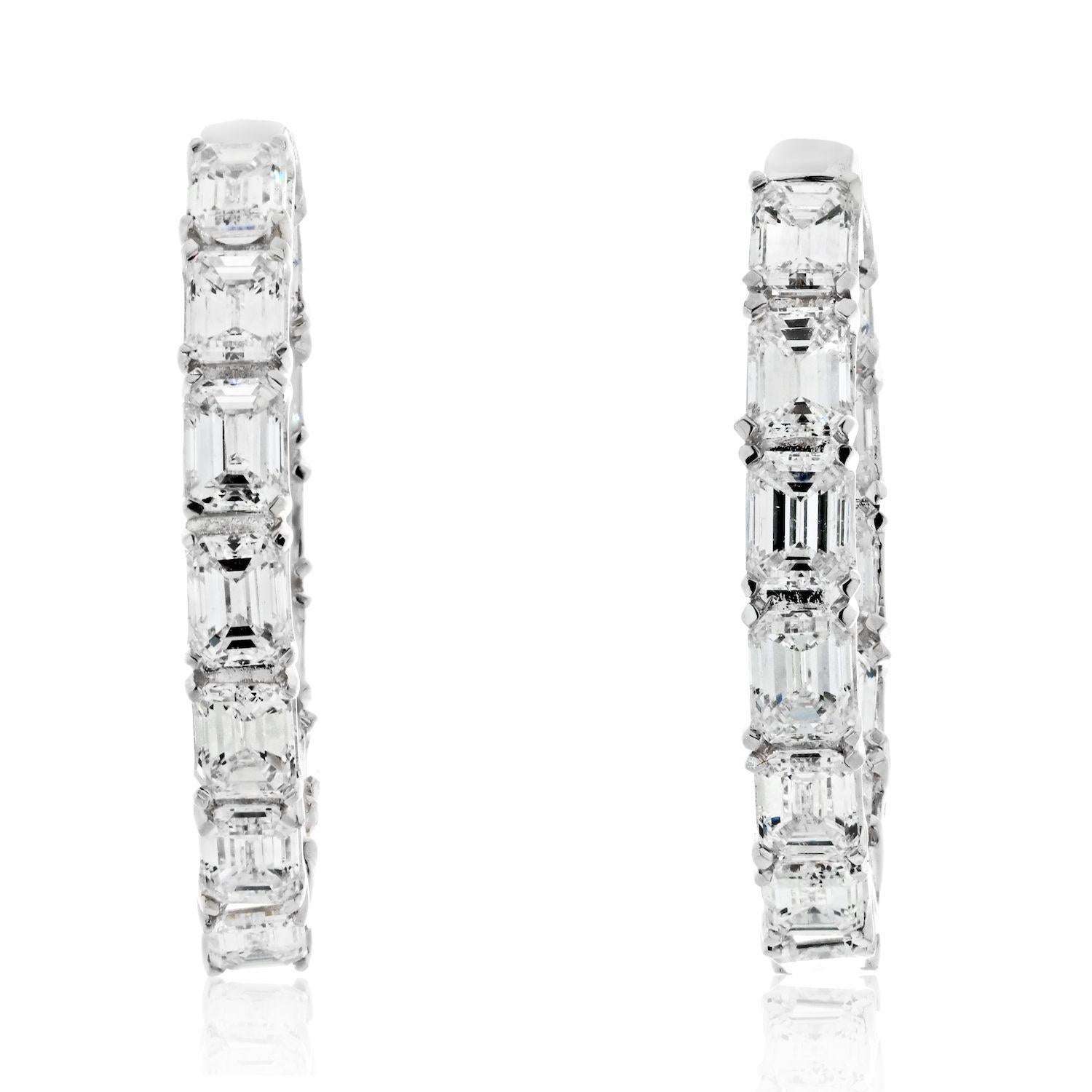 14k White Gold 3.25 cttw Wide Inside Out Emerald Cut Diamond Hoop Earrings In Excellent Condition For Sale In New York, NY