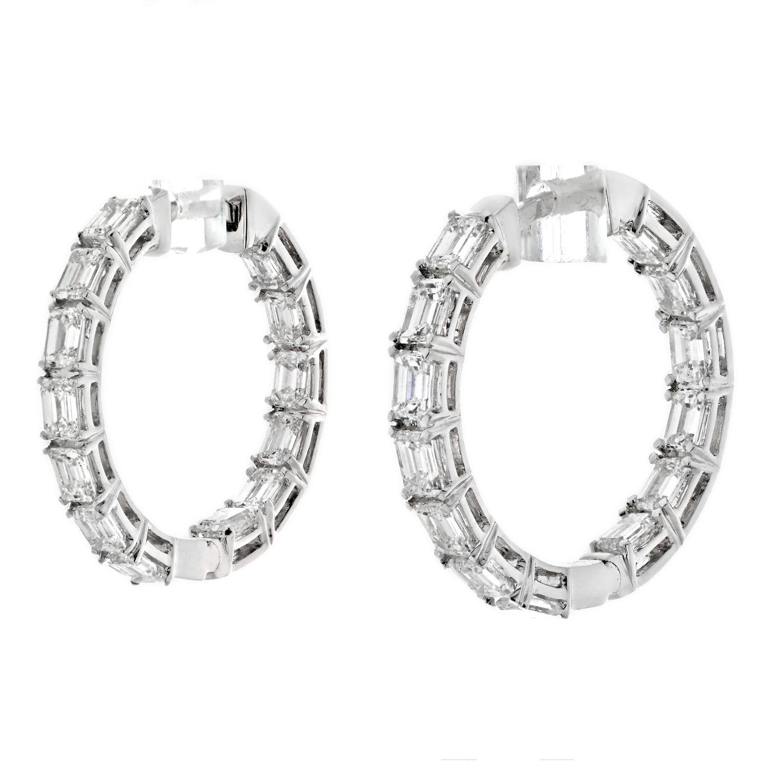 Women's 14k White Gold 3.25 cttw Wide Inside Out Emerald Cut Diamond Hoop Earrings For Sale