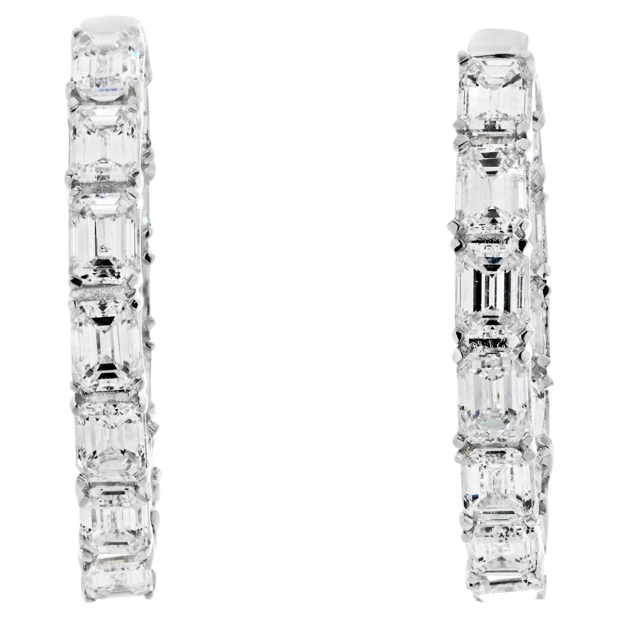 14k White Gold 3.25 cttw Wide Inside Out Emerald Cut Diamond Hoop Earrings For Sale
