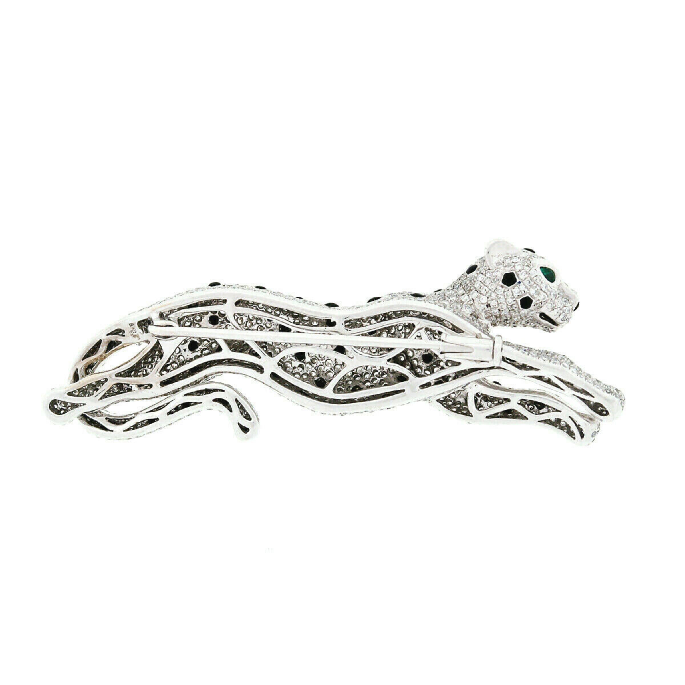 Women's 14k White Gold 3.37ctw Diamond Black Onyx & Emerald Leaping Panther Brooch Pin