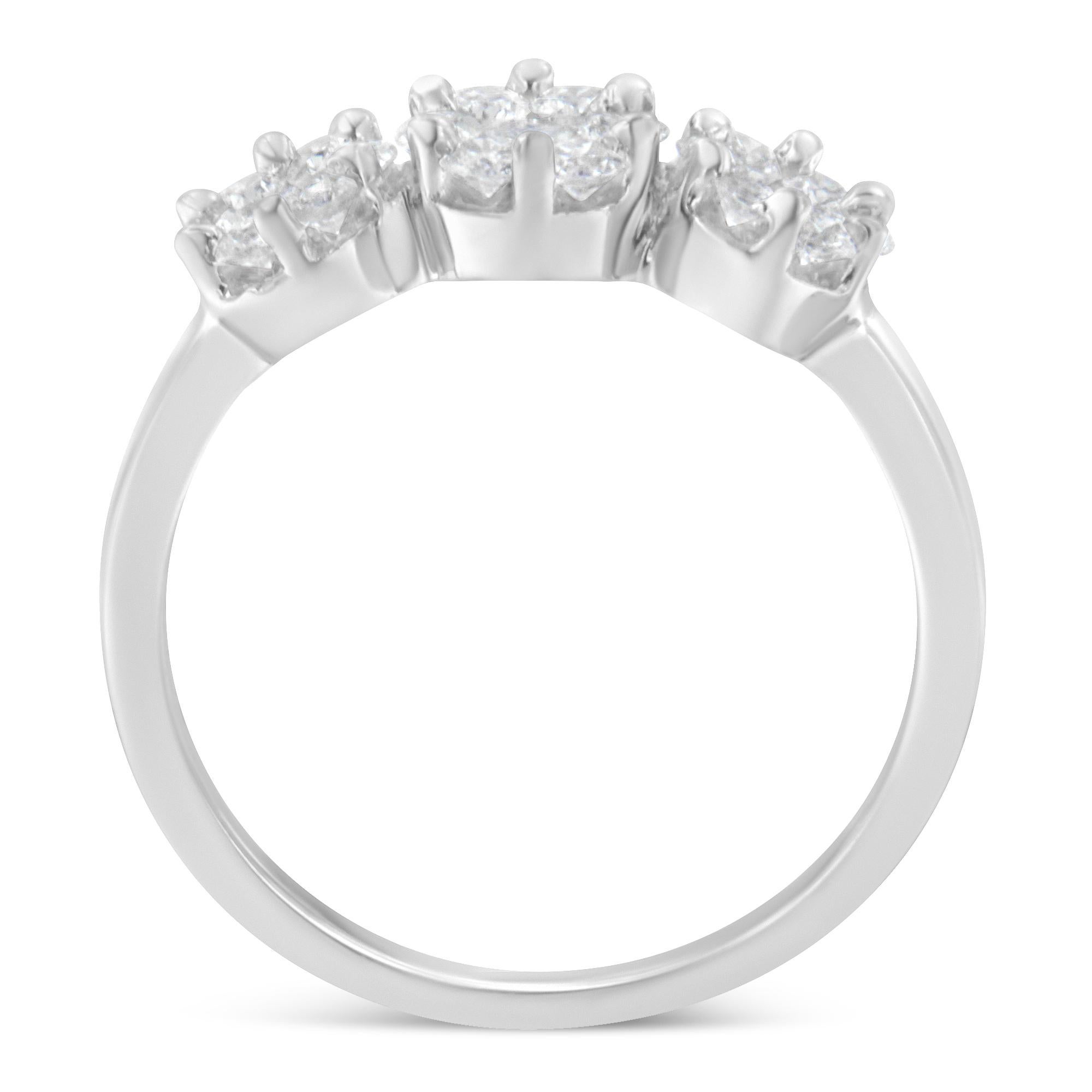 Contemporary 14k White Gold ¾ Carat Floral Cluster Diamond 3 Stone Style Cocktail Ring For Sale