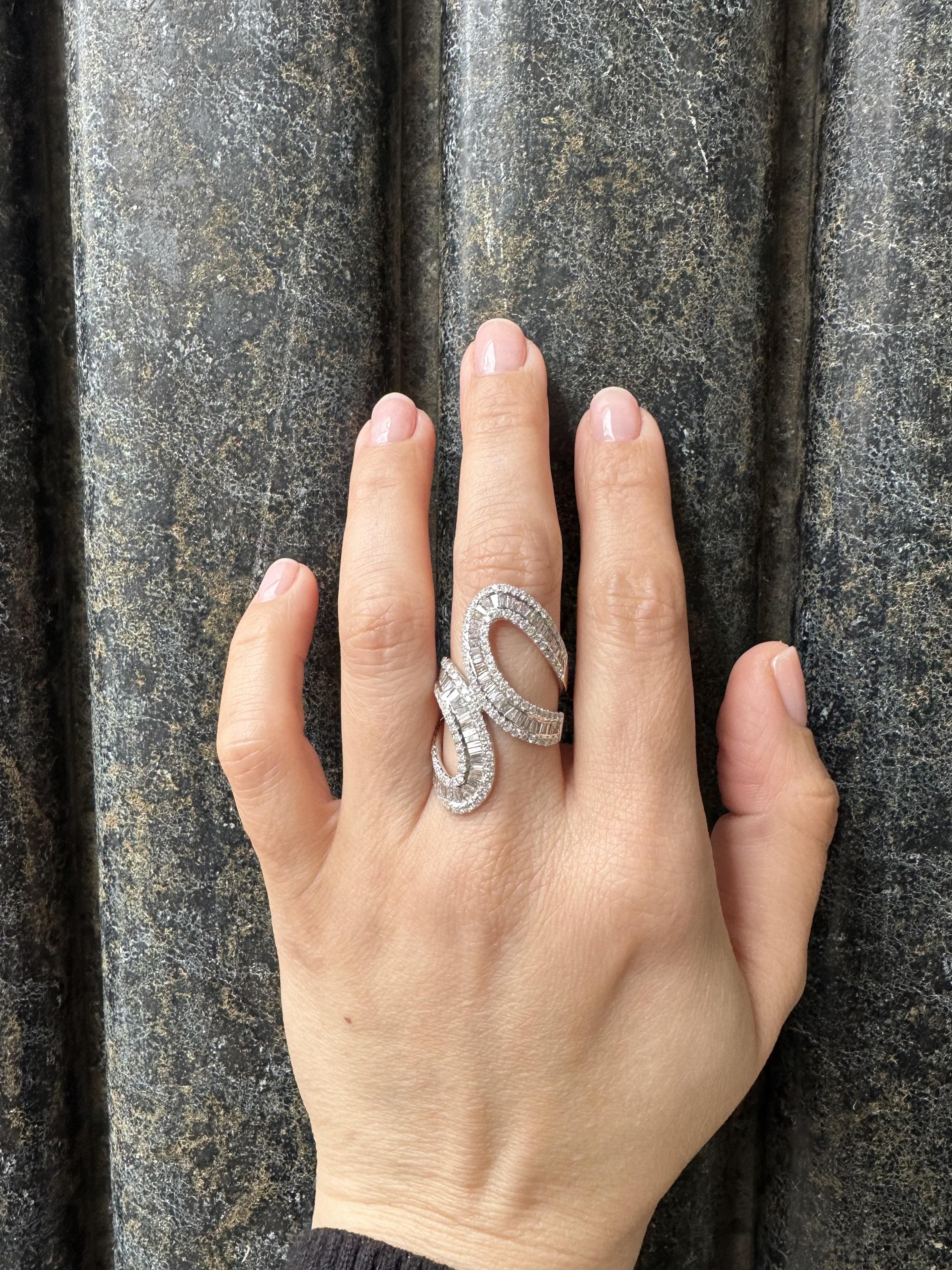 Baguette Cut 14k White Gold 3.50ctw Fiery Diamond Large Long Open Work Statement Wrap Ring For Sale