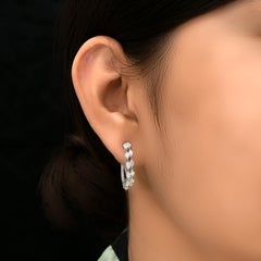 14K White Gold 3.53Ct Round Brilliant Cut Diamond Double Row C-Hoop Earrings