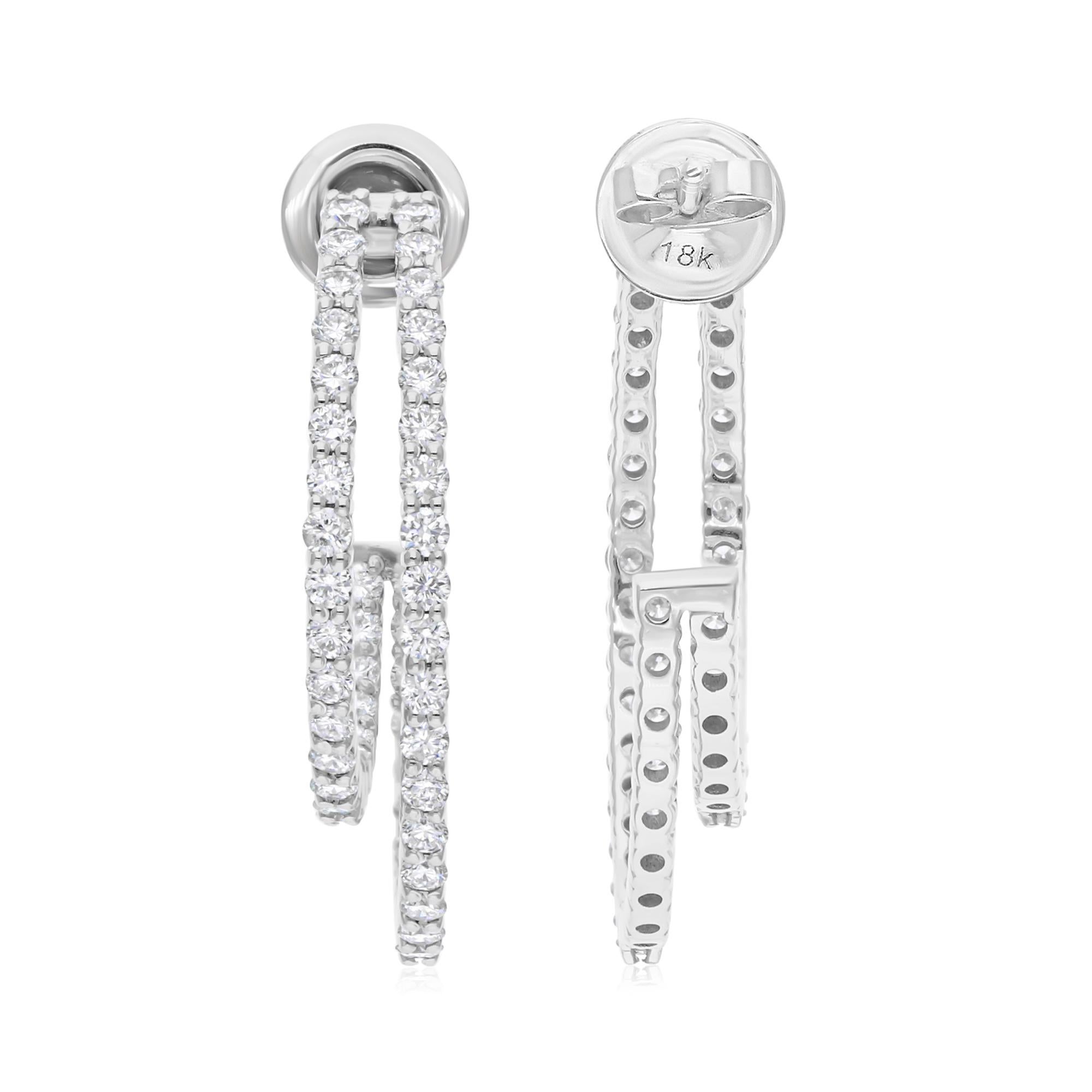 Boucles d'oreilles en or blanc 14 carats 3.53Ct diamant taille brillant double rangée C-Hoop Pour femmes en vente