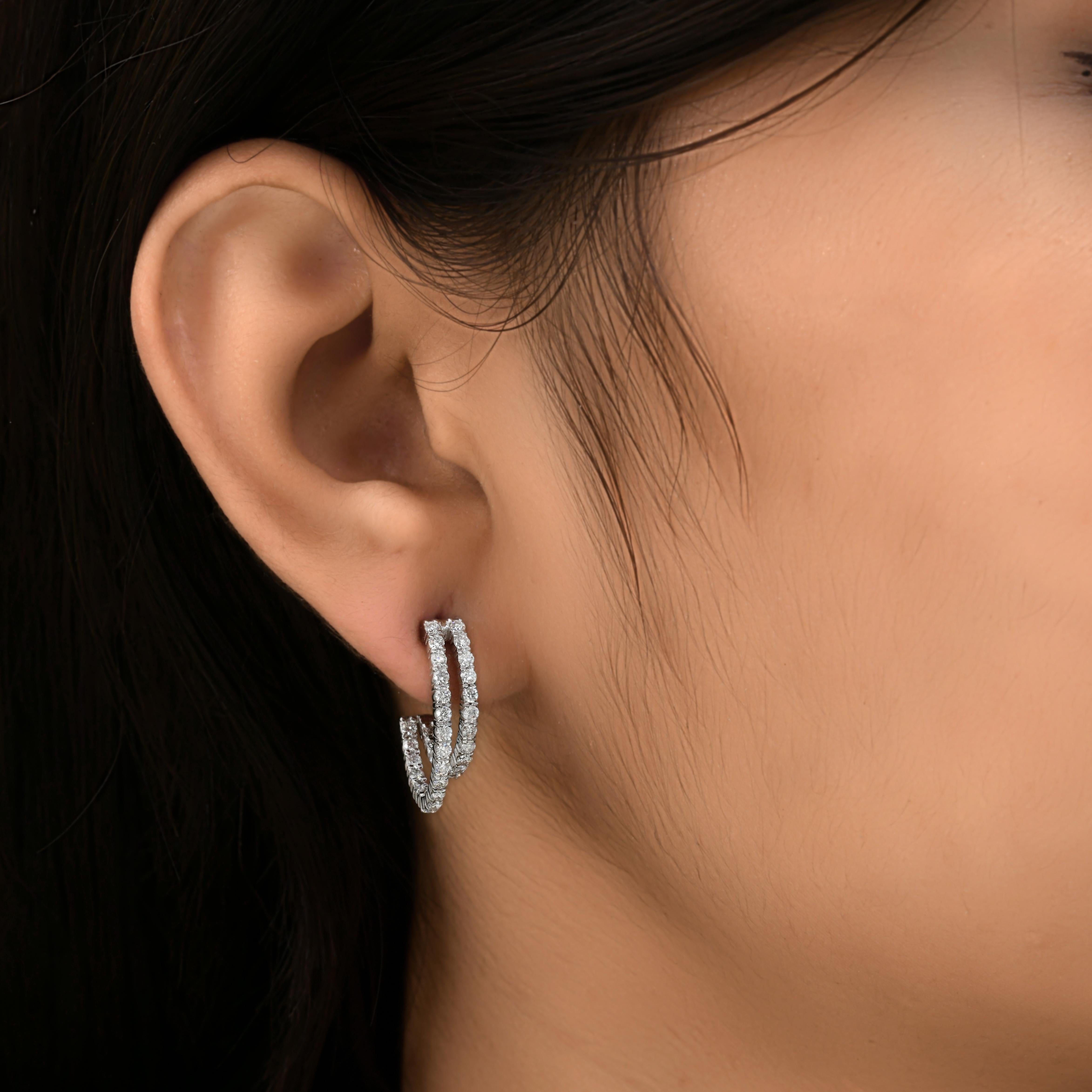 Boucles d'oreilles en or blanc 14 carats 3.53Ct diamant taille brillant double rangée C-Hoop en vente 1