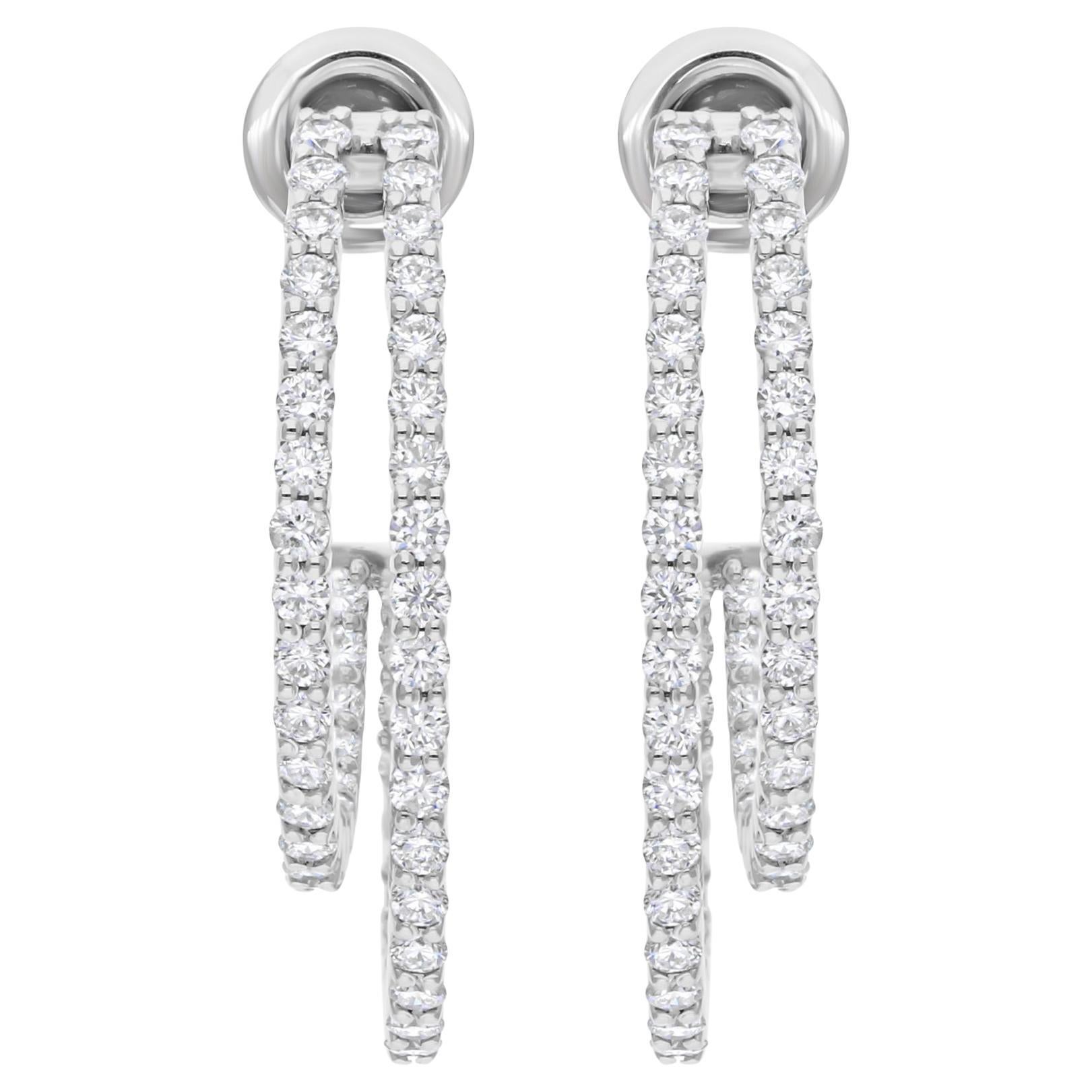 Boucles d'oreilles en or blanc 14 carats 3.53Ct diamant taille brillant double rangée C-Hoop en vente