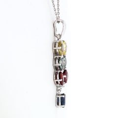 14K White Gold 3.54ctw Multi-Color Sapphire & Diamond Dangle Pendant Necklace