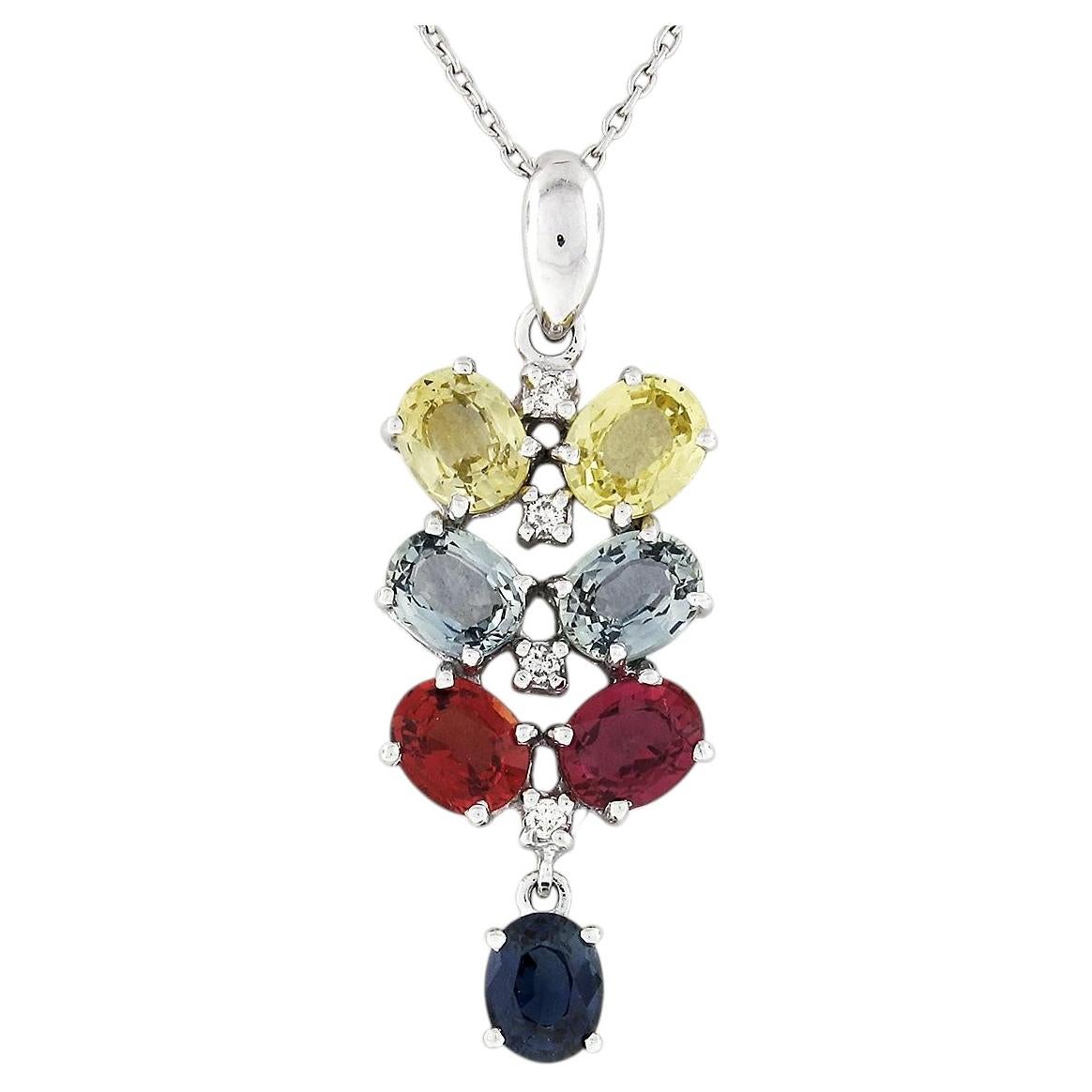 14K White Gold 3.54ctw Multi-Color Sapphire & Diamond Dangle Pendant Necklace