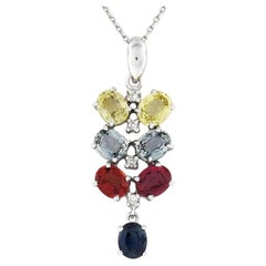 14K White Gold 3.54ctw Multi-Color Sapphire & Diamond Dangle Pendant Necklace