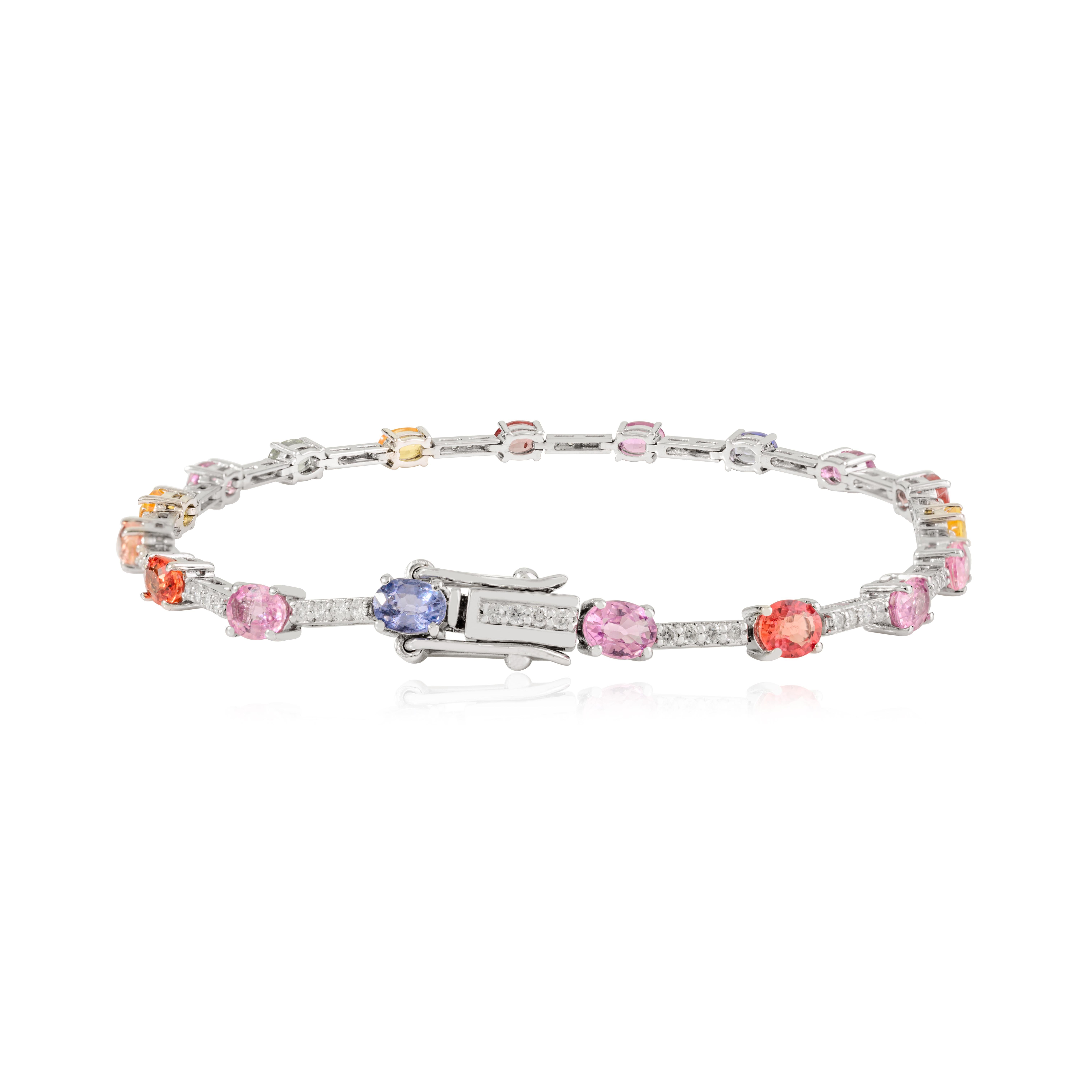 Modern 14k White Gold 3.55Ct Multi-Colored Sapphire & Diamond Tennis Bracelet for Women For Sale