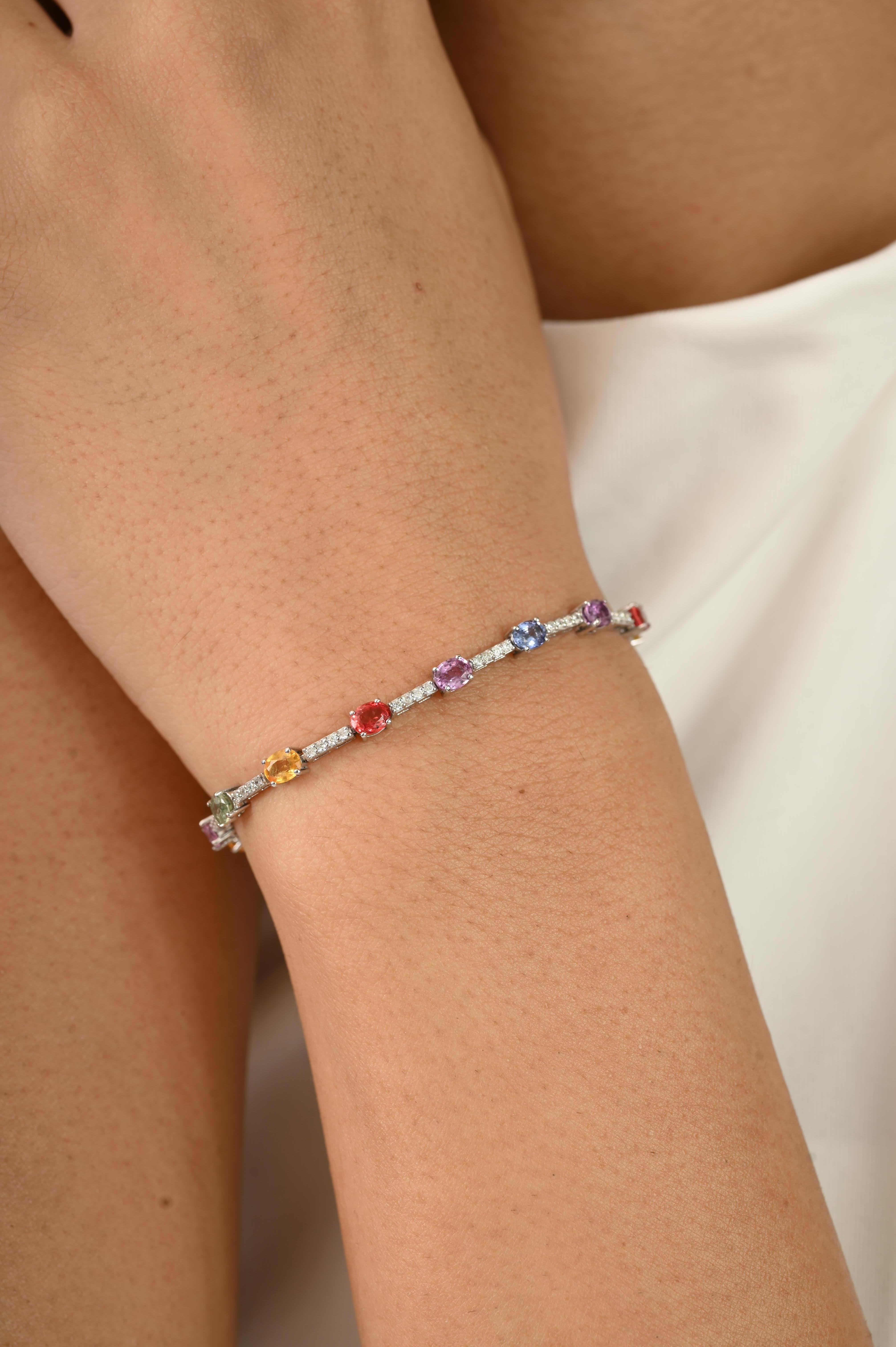 Oval Cut 14k White Gold 3.55Ct Multi-Colored Sapphire & Diamond Tennis Bracelet for Women For Sale
