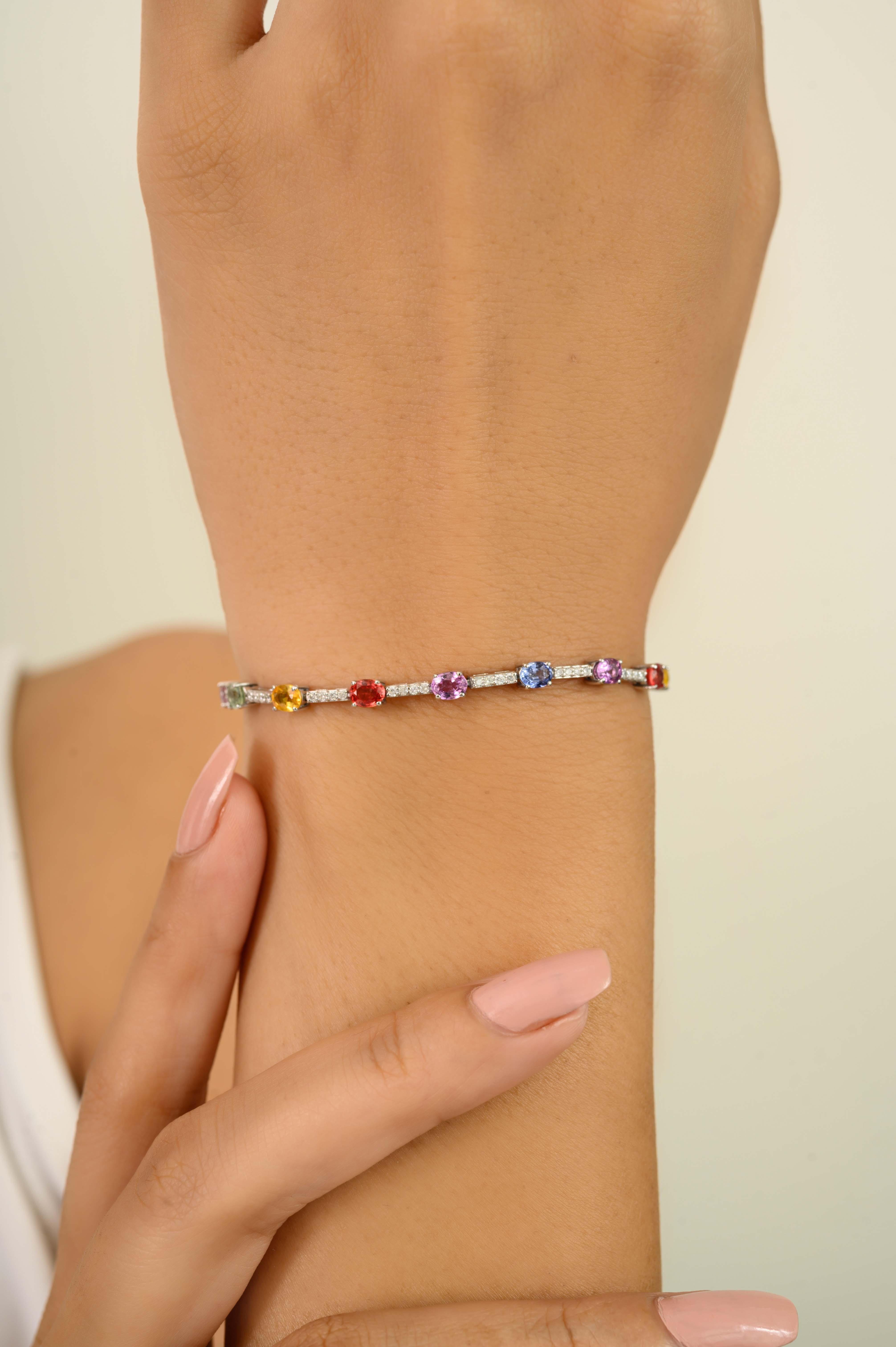 Taille ovale Bracelet de tennis en or blanc 14k 3.55Ct saphir multicolore et diamant pour femmes en vente