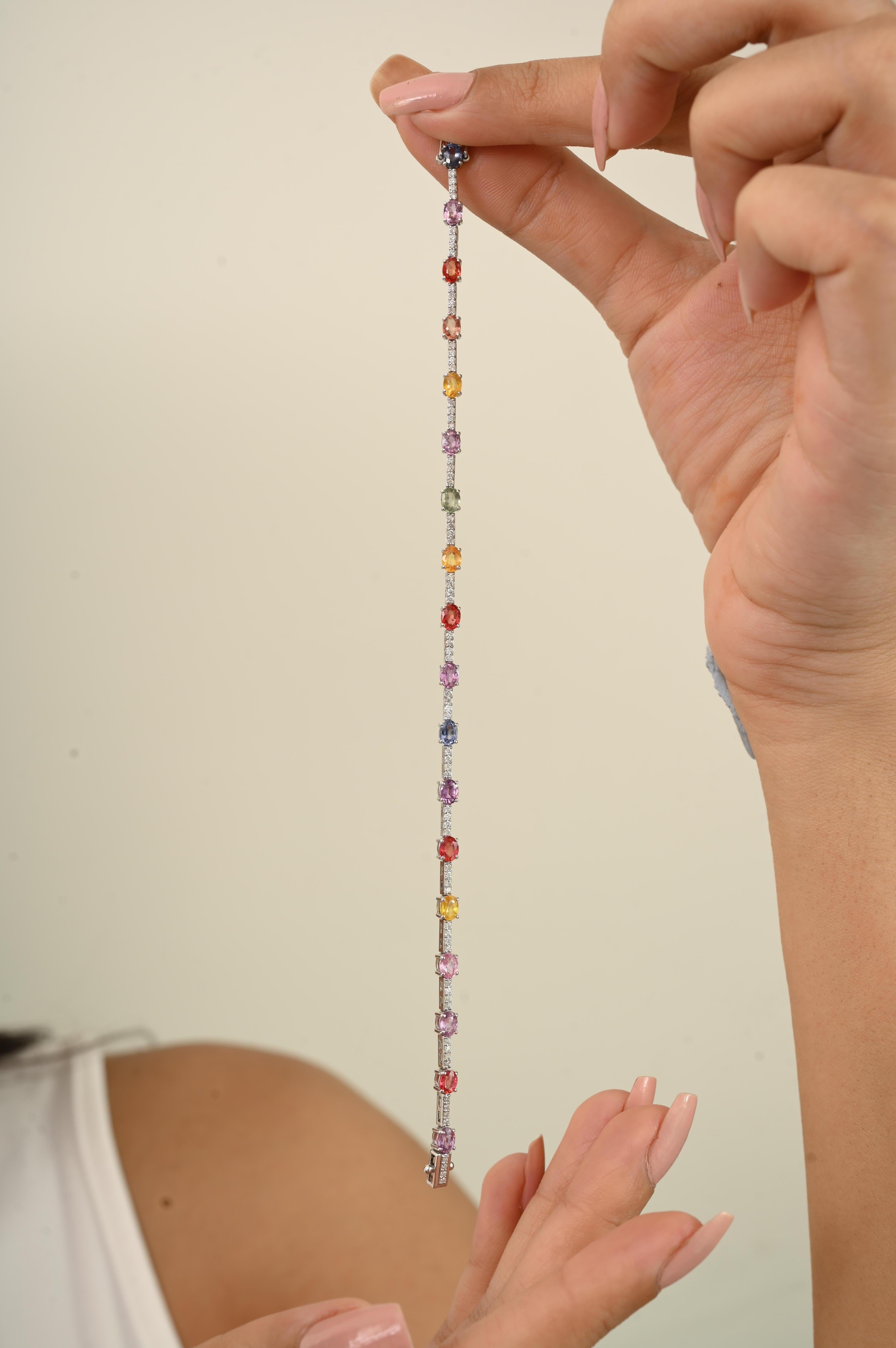 Women's 14k White Gold 3.55Ct Multi-Colored Sapphire & Diamond Tennis Bracelet for Women For Sale