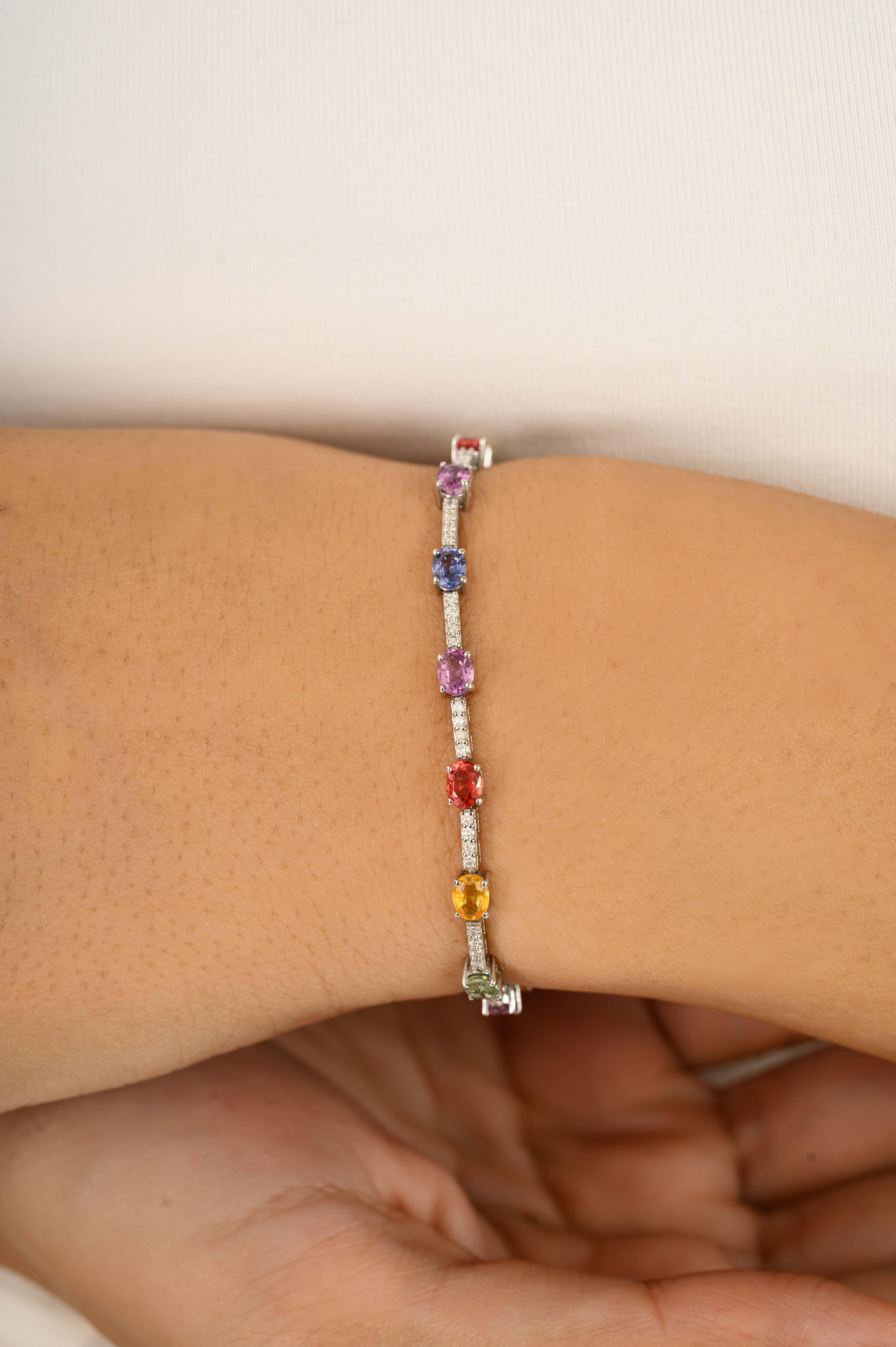 Bracelet de tennis en or blanc 14k 3.55Ct saphir multicolore et diamant pour femmes Pour femmes en vente