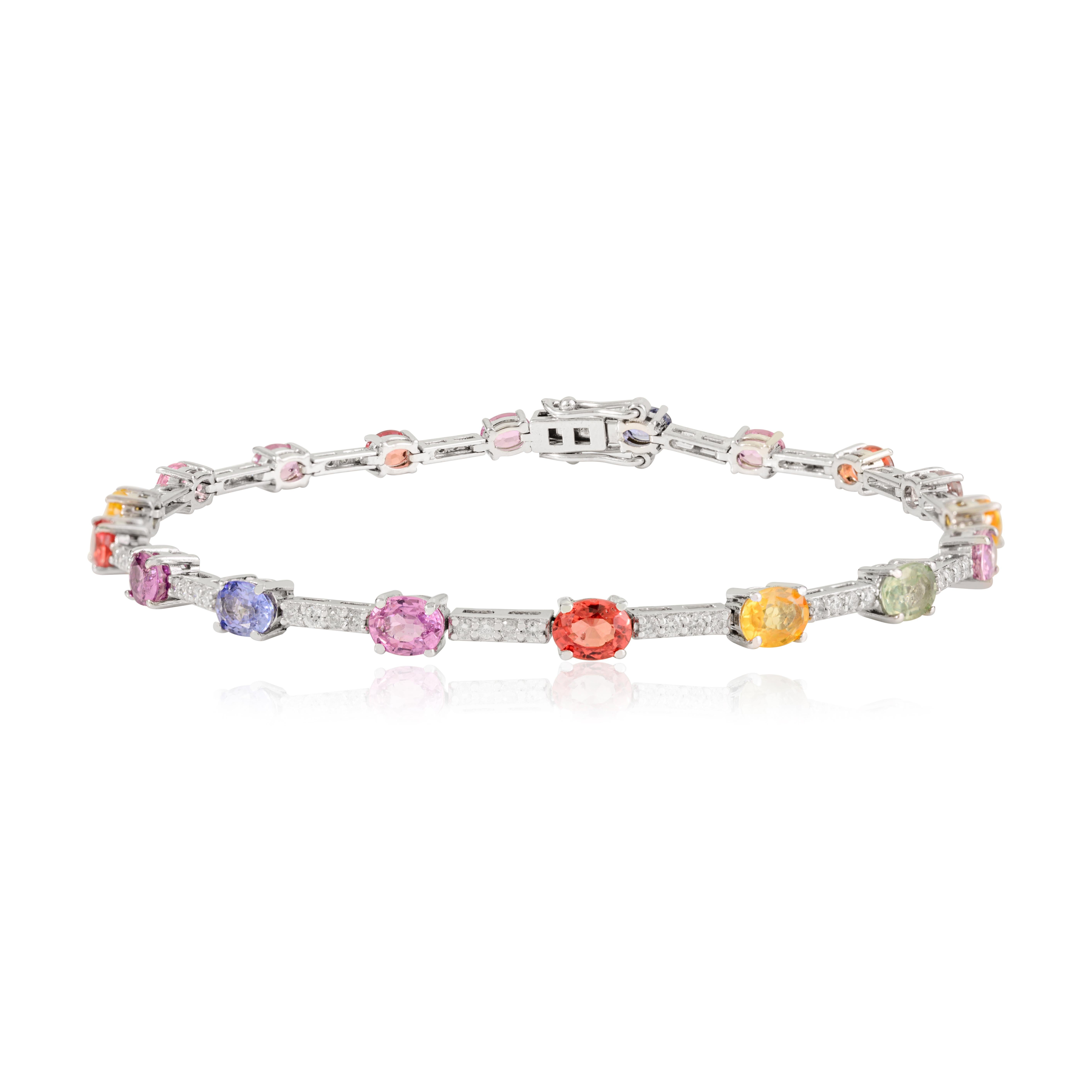 14k White Gold 3.55Ct Multi-Colored Sapphire & Diamond Tennis Bracelet for Women For Sale 1