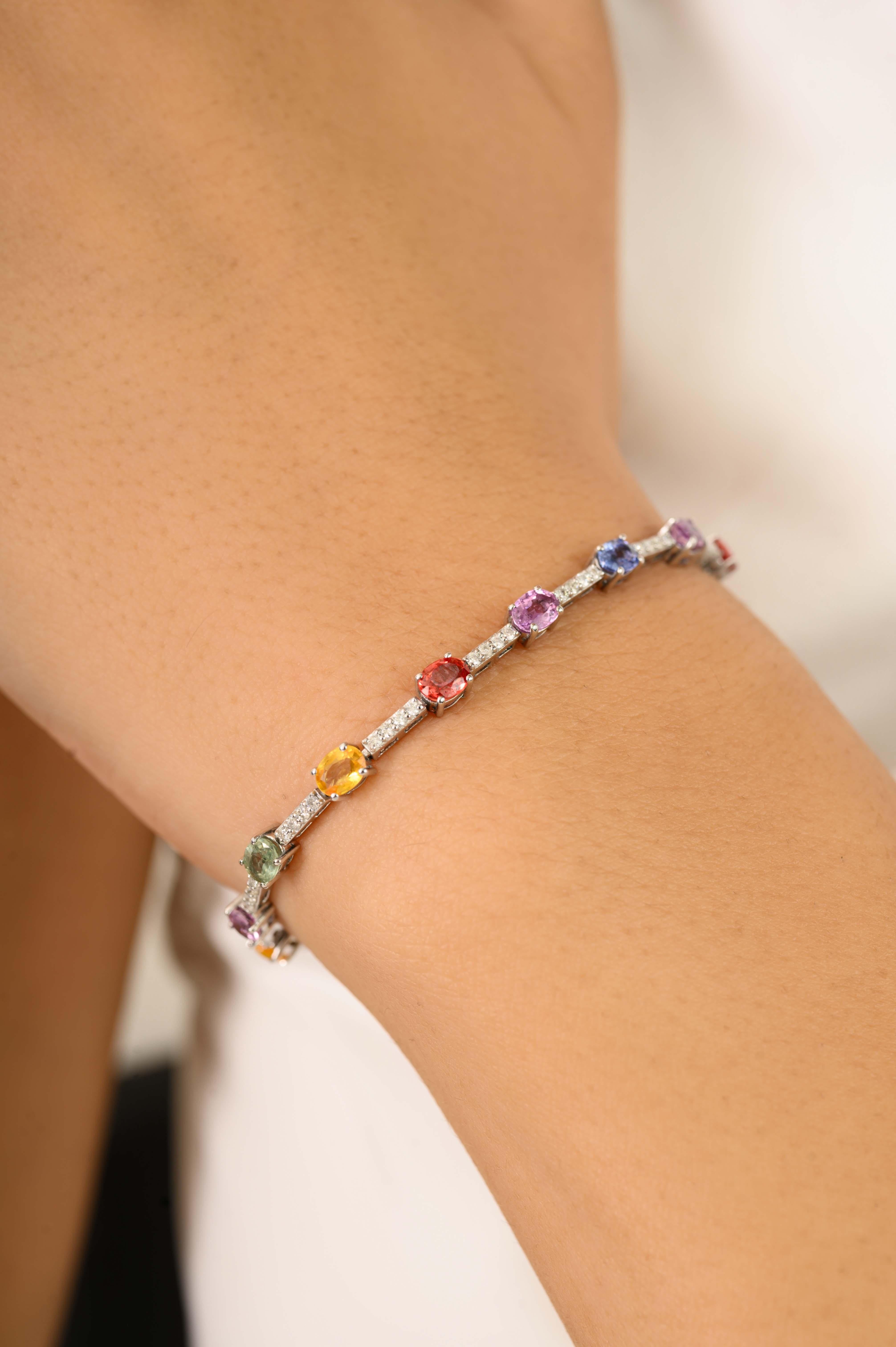 Bracelet de tennis en or blanc 14k 3.55Ct saphir multicolore et diamant pour femmes en vente 2
