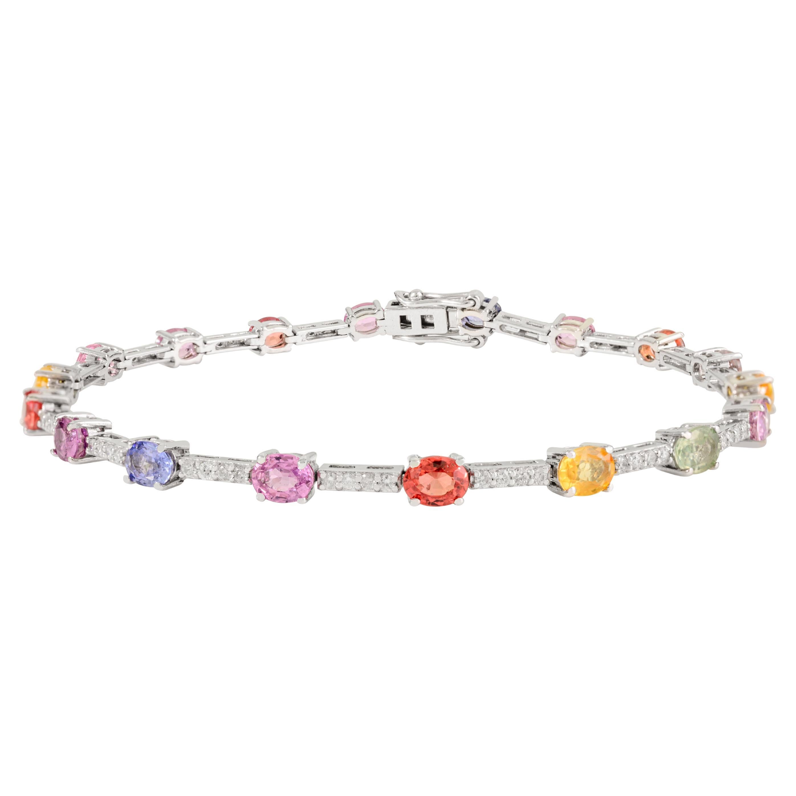 14k White Gold 3.55Ct Multi-Colored Sapphire & Diamond Tennis Bracelet for Women For Sale