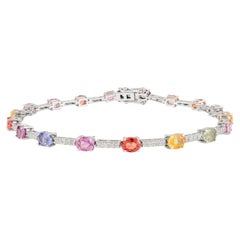 14k White Gold 3.55Ct Multi-Colored Sapphire & Diamond Tennis Bracelet for Women
