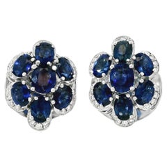 14k White Gold 3.5ctw Blue Oval Sapphire and 0.10ctw Diamond Flower Earrings