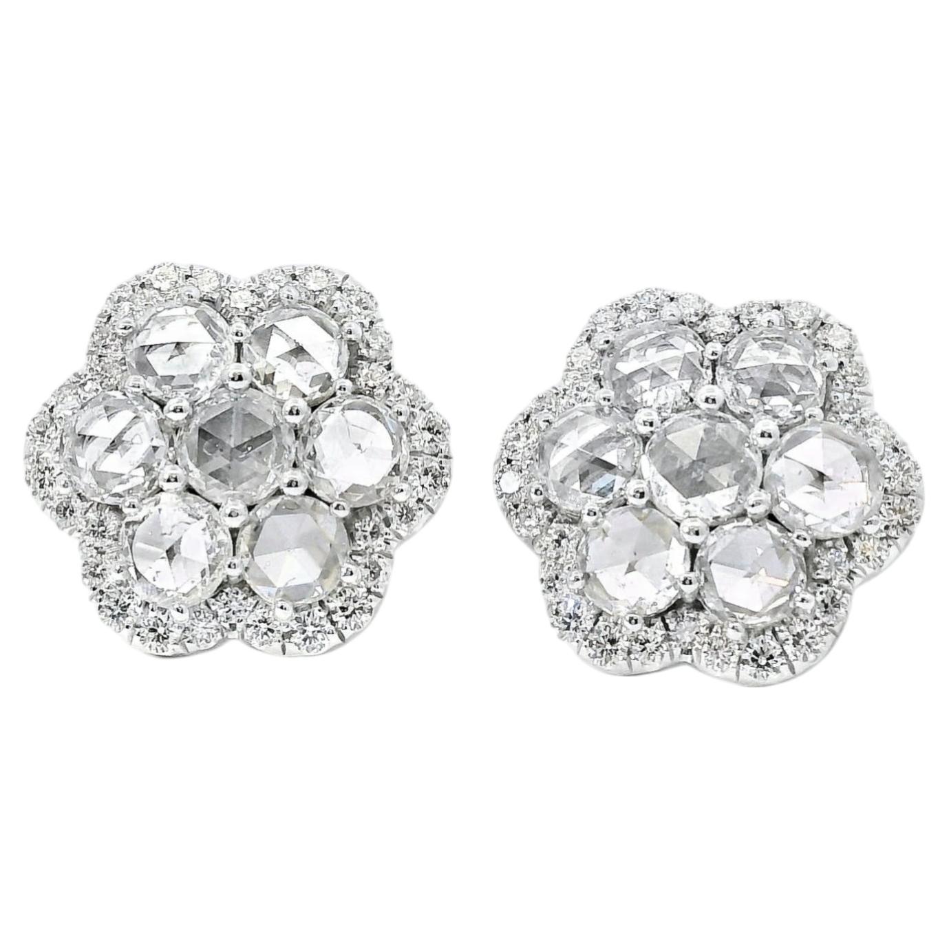 14k White Gold 3.60ctw Natural Round Brilliant Diamond Flower Stud Earrings