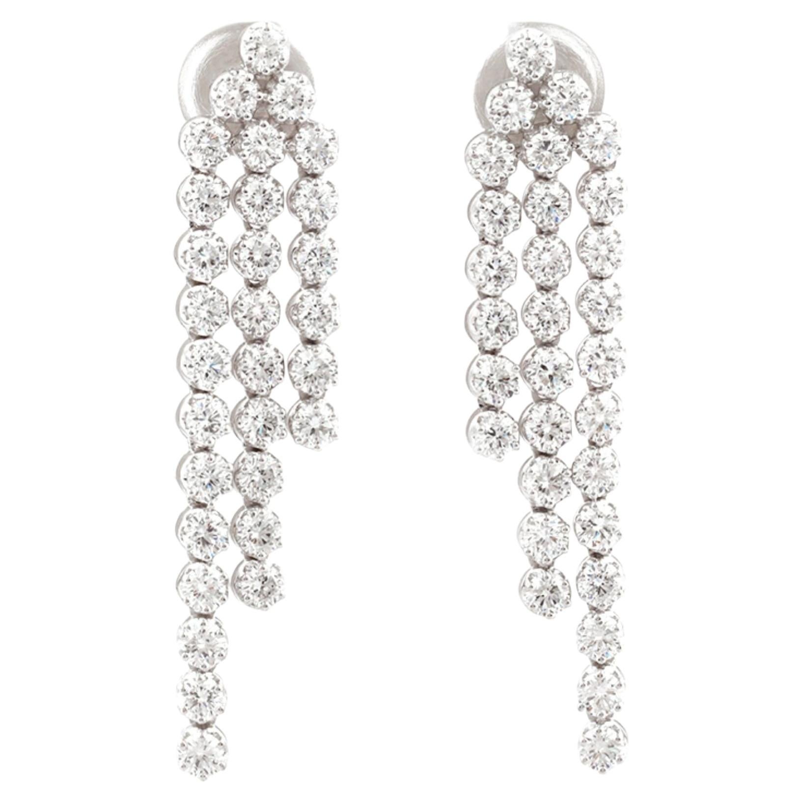 14K White Gold 3.66 Cts Round Natural Diamond Triple-Row Tassel Earrings