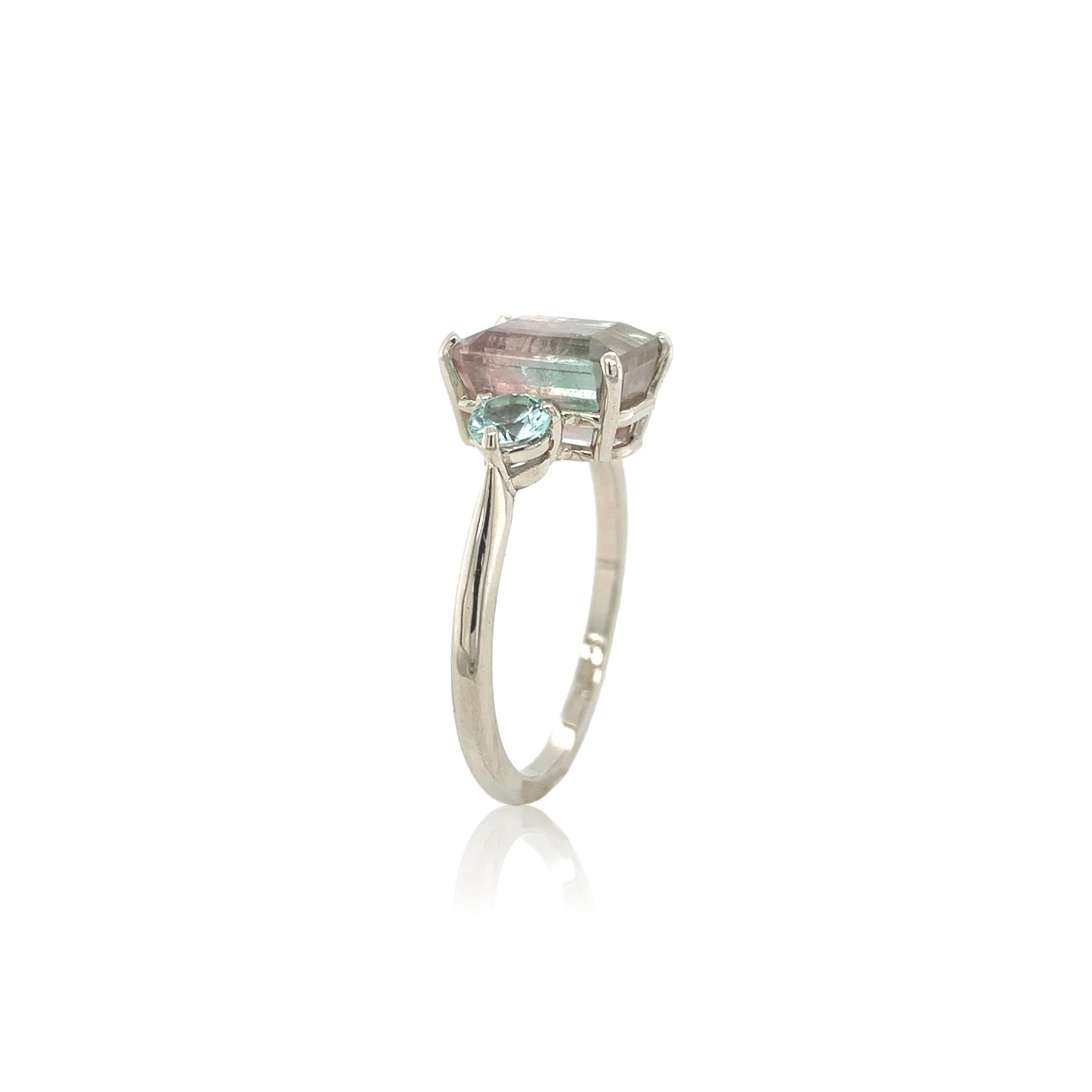 Emerald Cut 14K White Gold 3.80 carat Bi-color Watermelon Tourmaline Ring For Sale