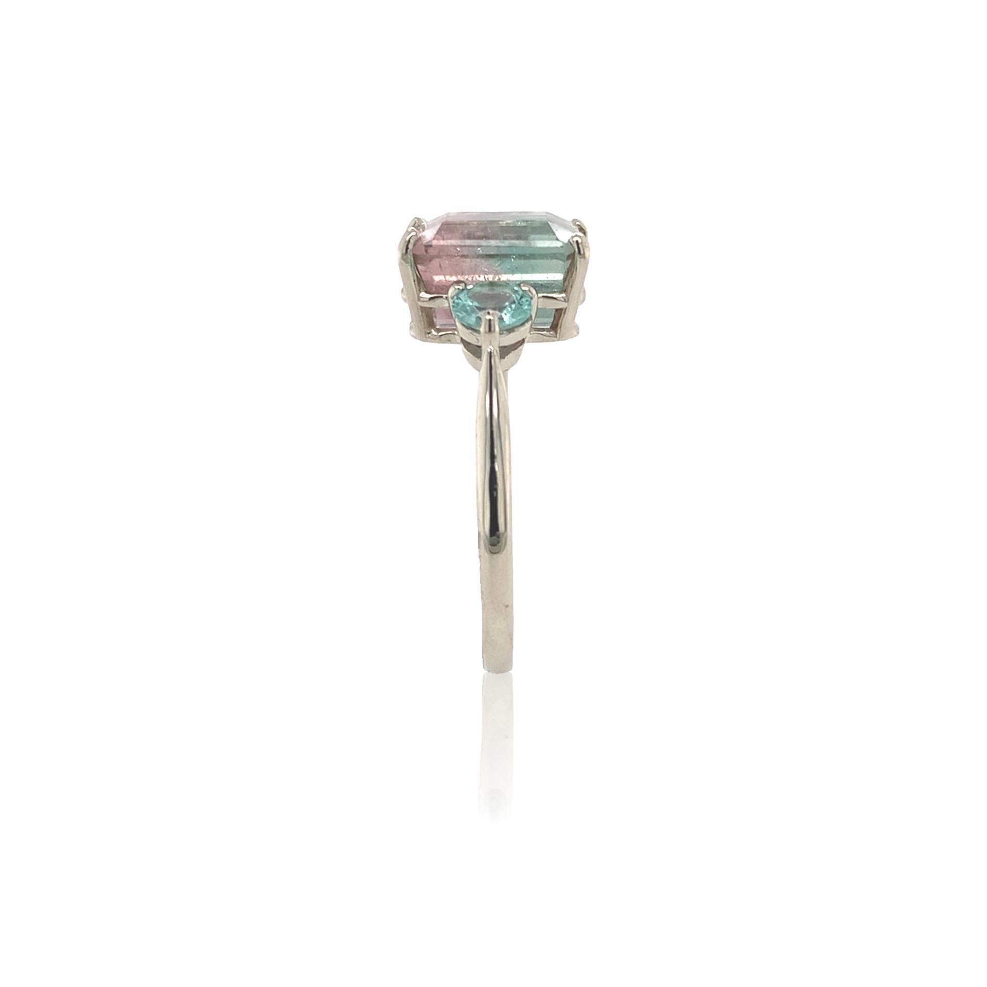 14K White Gold 3.80 carat Bi-color Watermelon Tourmaline Ring In New Condition For Sale In Big Bend, WI