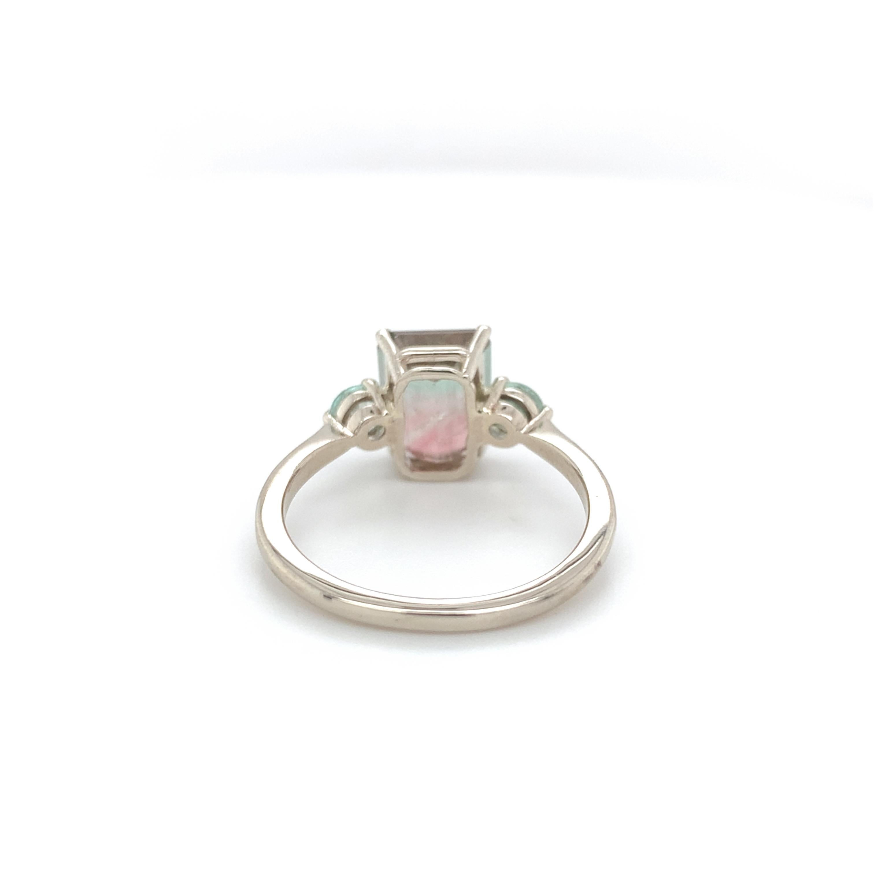 Women's 14K White Gold 3.80 carat Bi-color Watermelon Tourmaline Ring For Sale