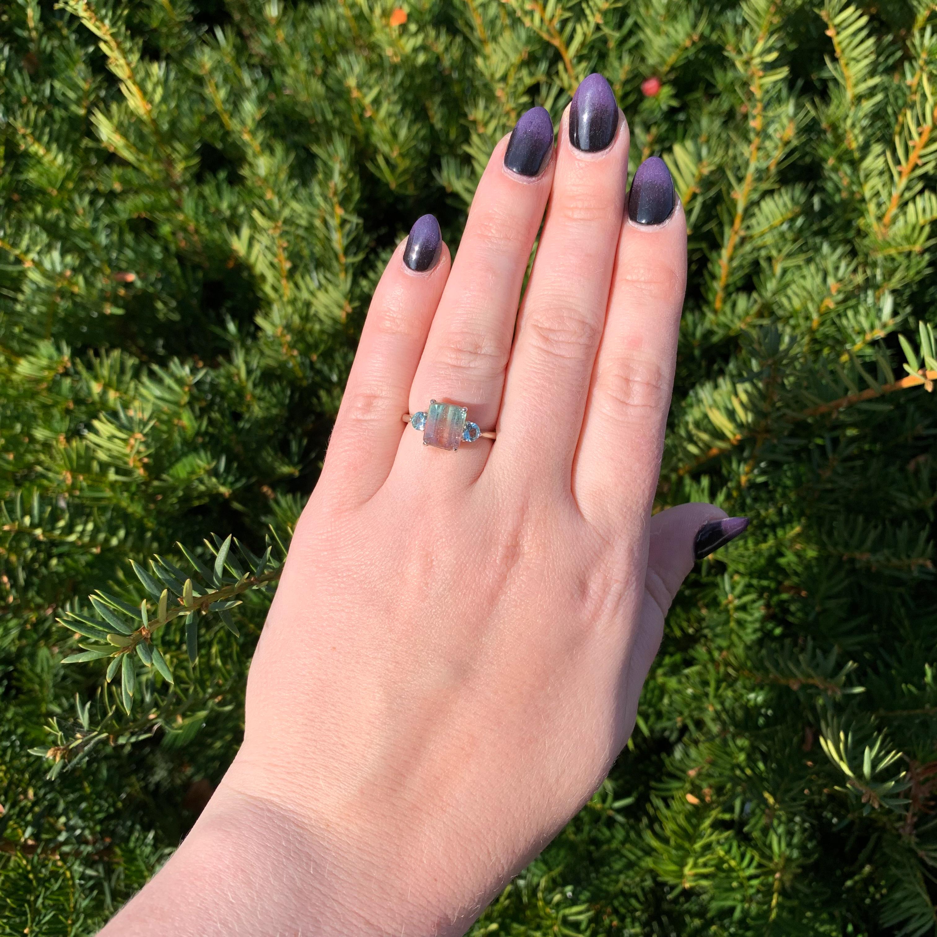 14K White Gold 3.80 carat Bi-color Watermelon Tourmaline Ring For Sale 1