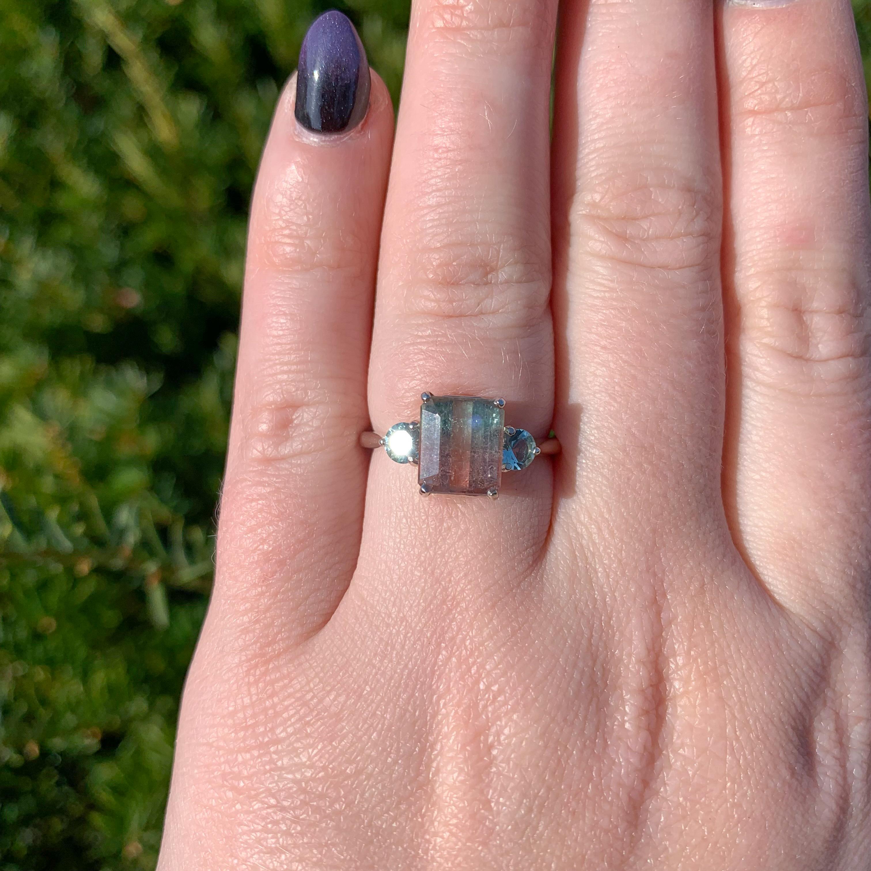 14K White Gold 3.80 carat Bi-color Watermelon Tourmaline Ring For Sale 2
