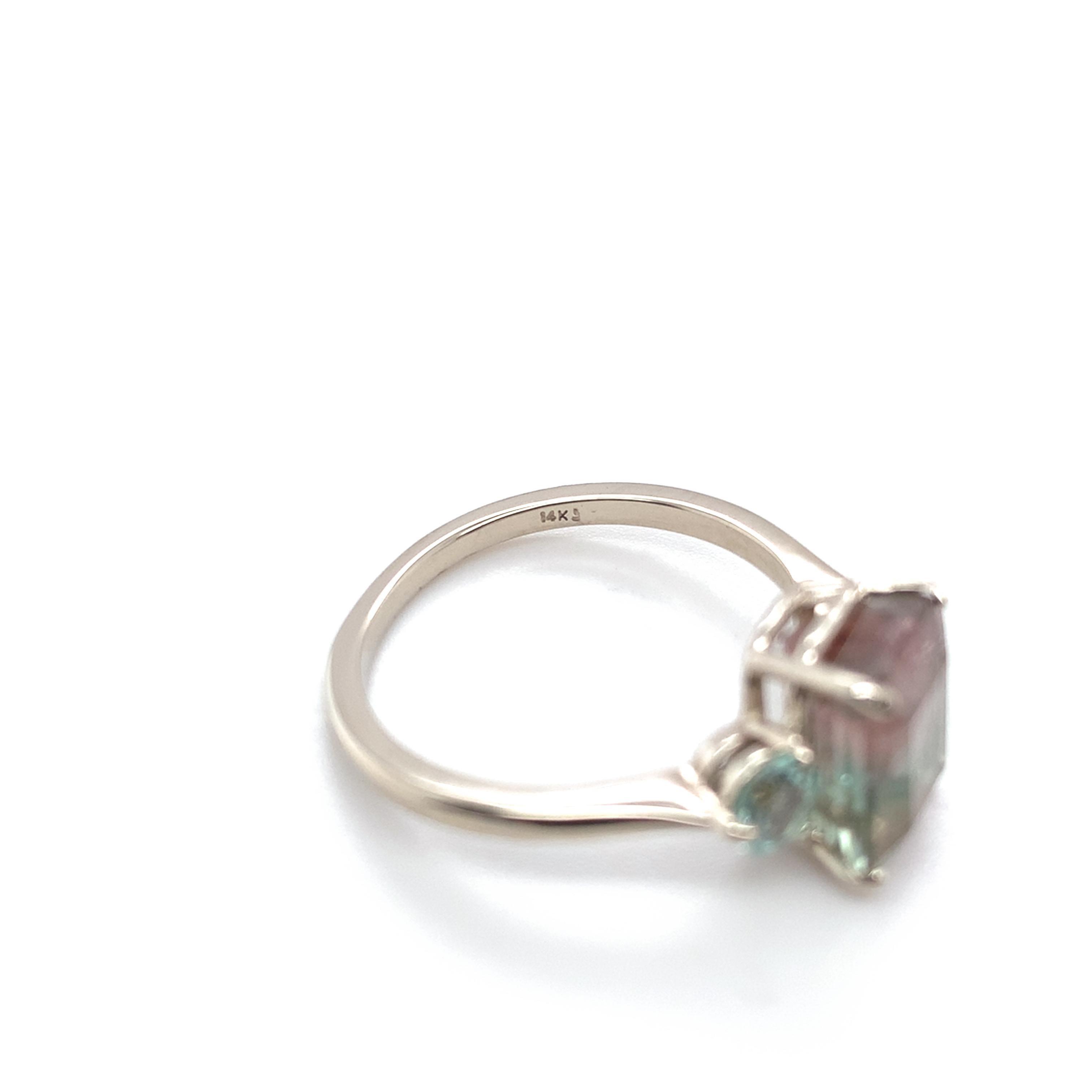 14K White Gold 3.80 carat Bi-color Watermelon Tourmaline Ring For Sale 3