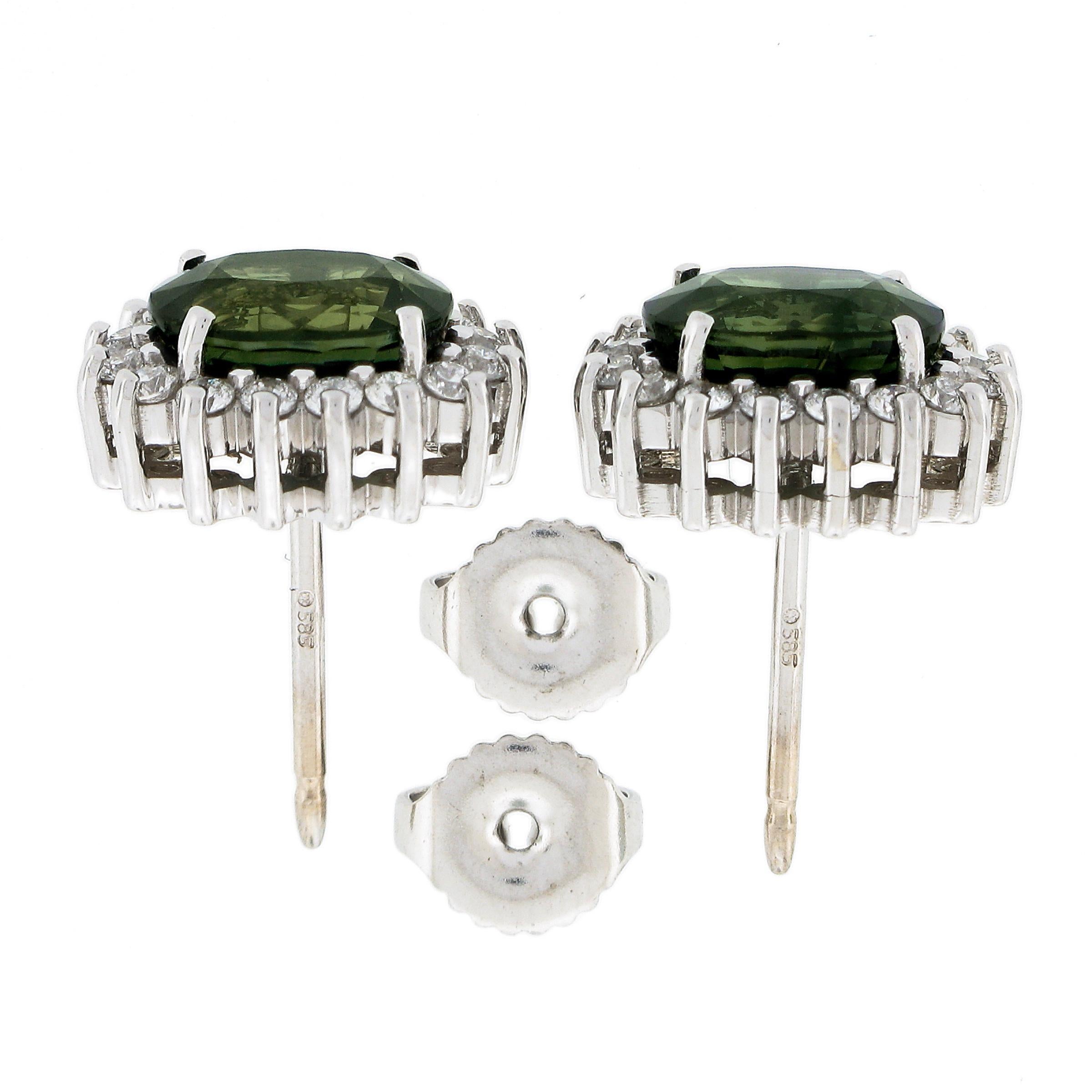 Oval Cut 14K White Gold 3.98ctw Oval Green Sapphire & Round Diamond Halo Stud Earrings For Sale