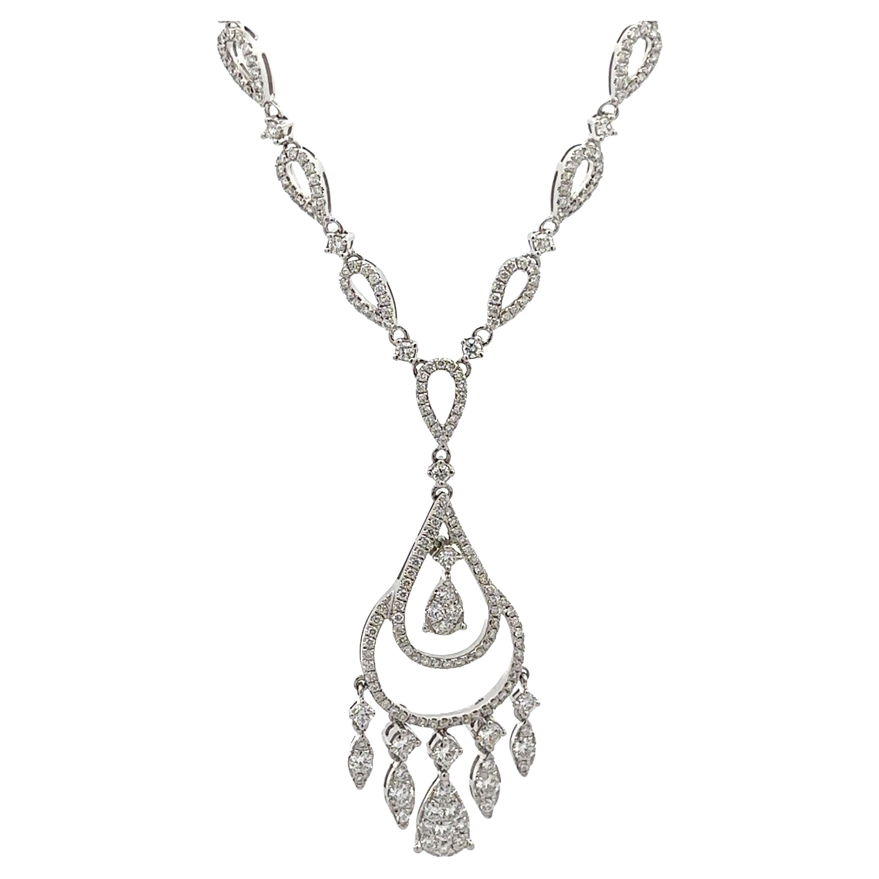 14k White Gold 3ctw Round Brilliant Diamond Covered Chandelier Pendant Necklace