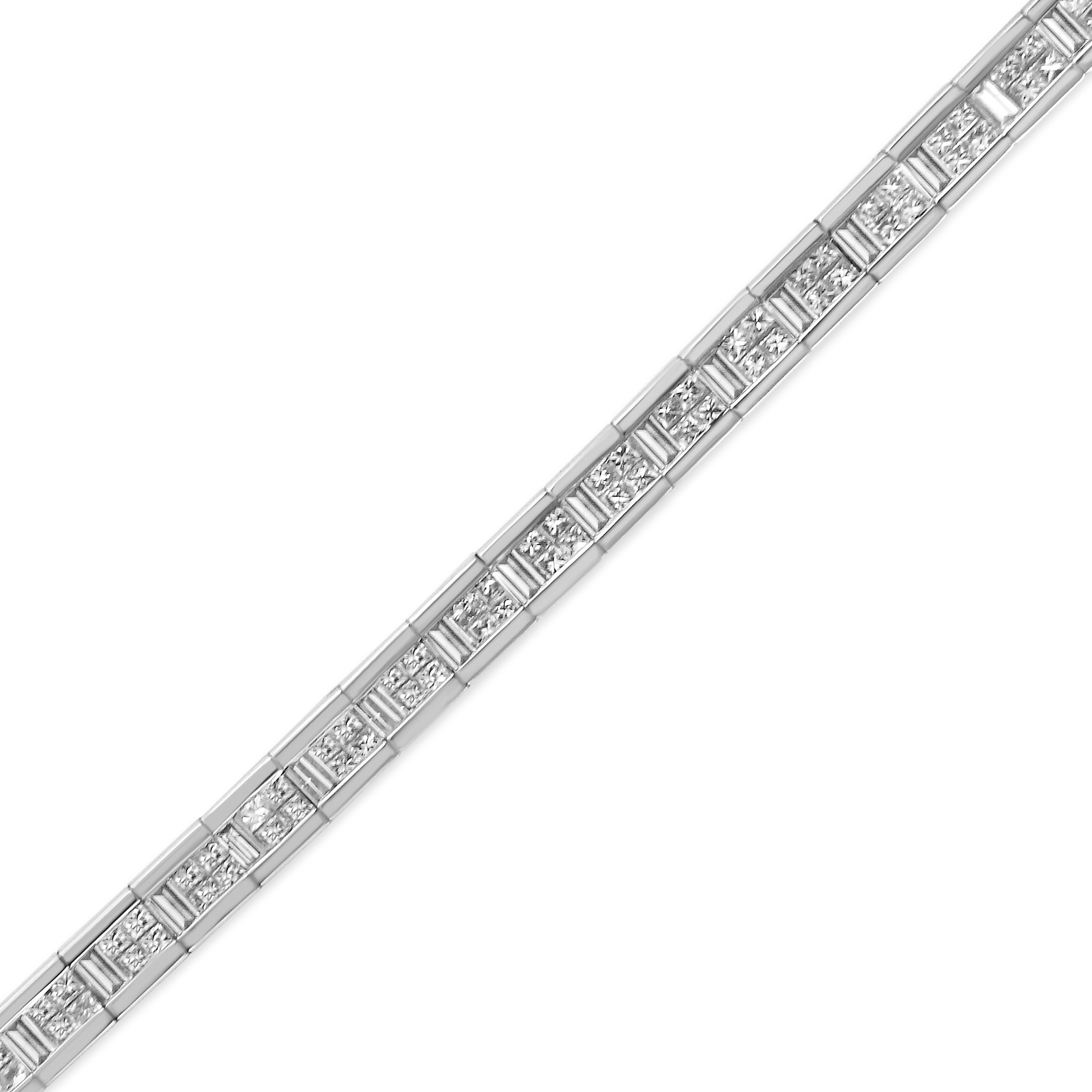 Surround her with love with this beautiful, classic tennis bracelet. This bracelet is crafted from cool weaves of 14k white gold and features a dazzling array of 220 princess cut and baguette cut natural diamonds. Artisanally crafted,  this bracelet